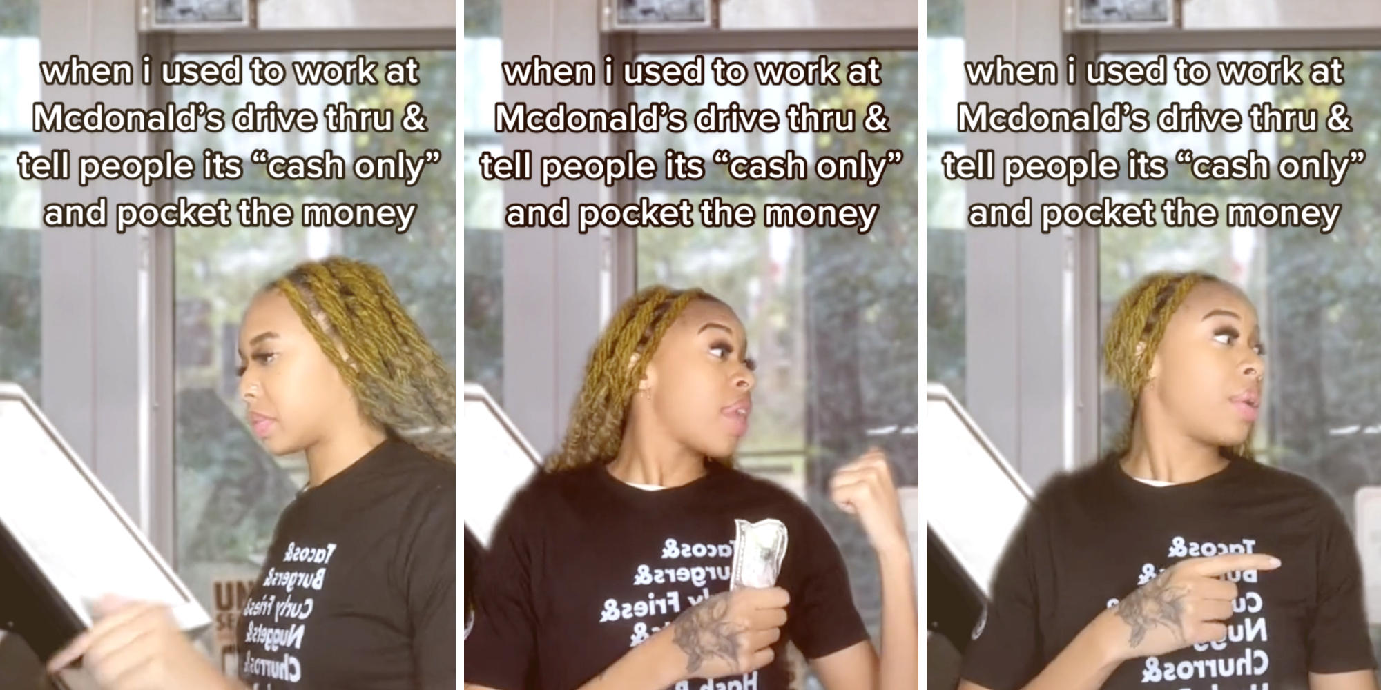 three photos of a woman working at mcdonalds and telling customers that it's cash-only