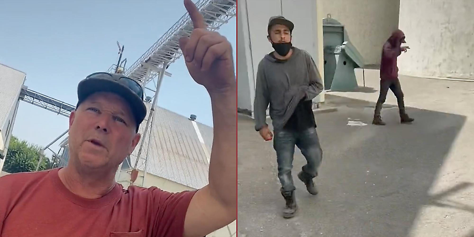 A man pointing (L) and two men walking (R).