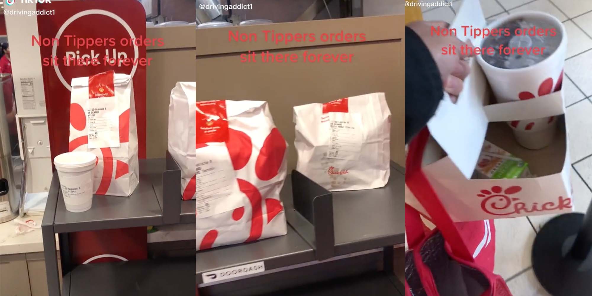 A TikTok shows a non-tipper section for DoorDash drivers to pick up meals.