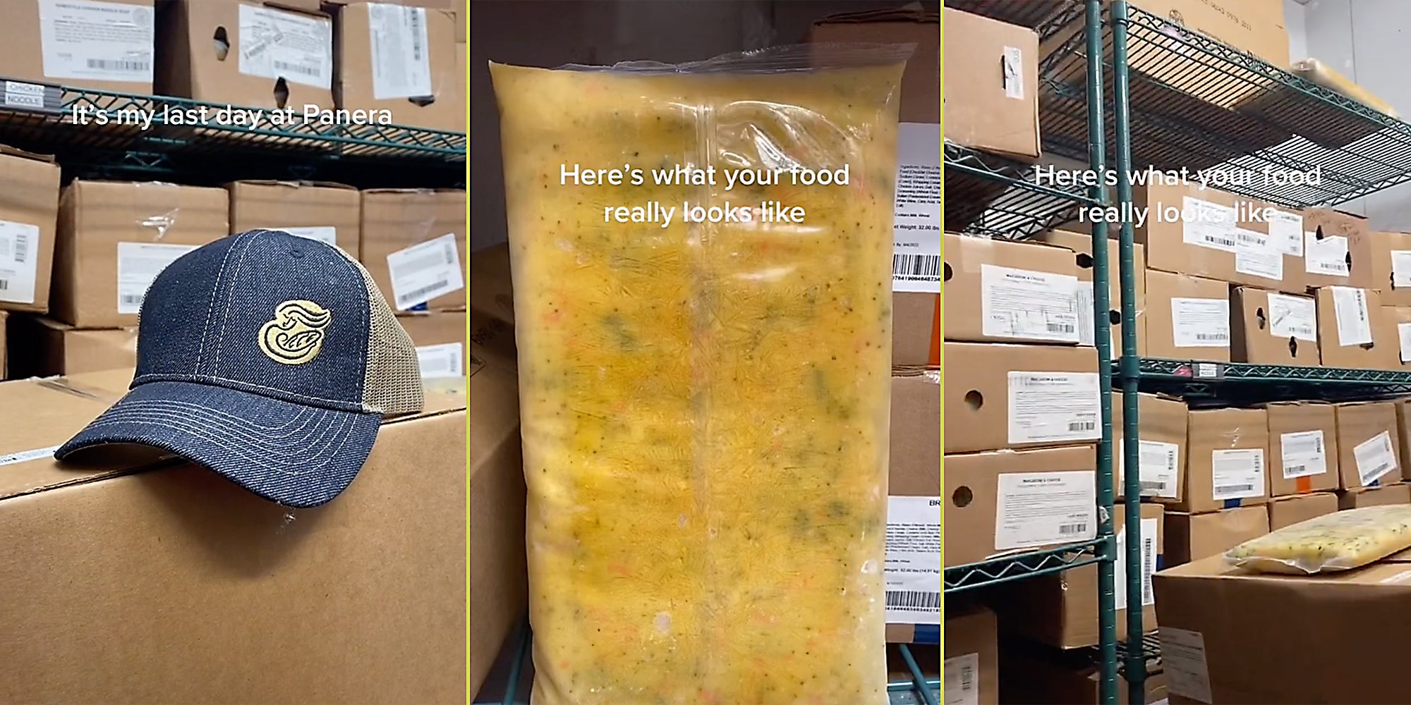 A hat (L), frozen soup (C), and boxes (R).