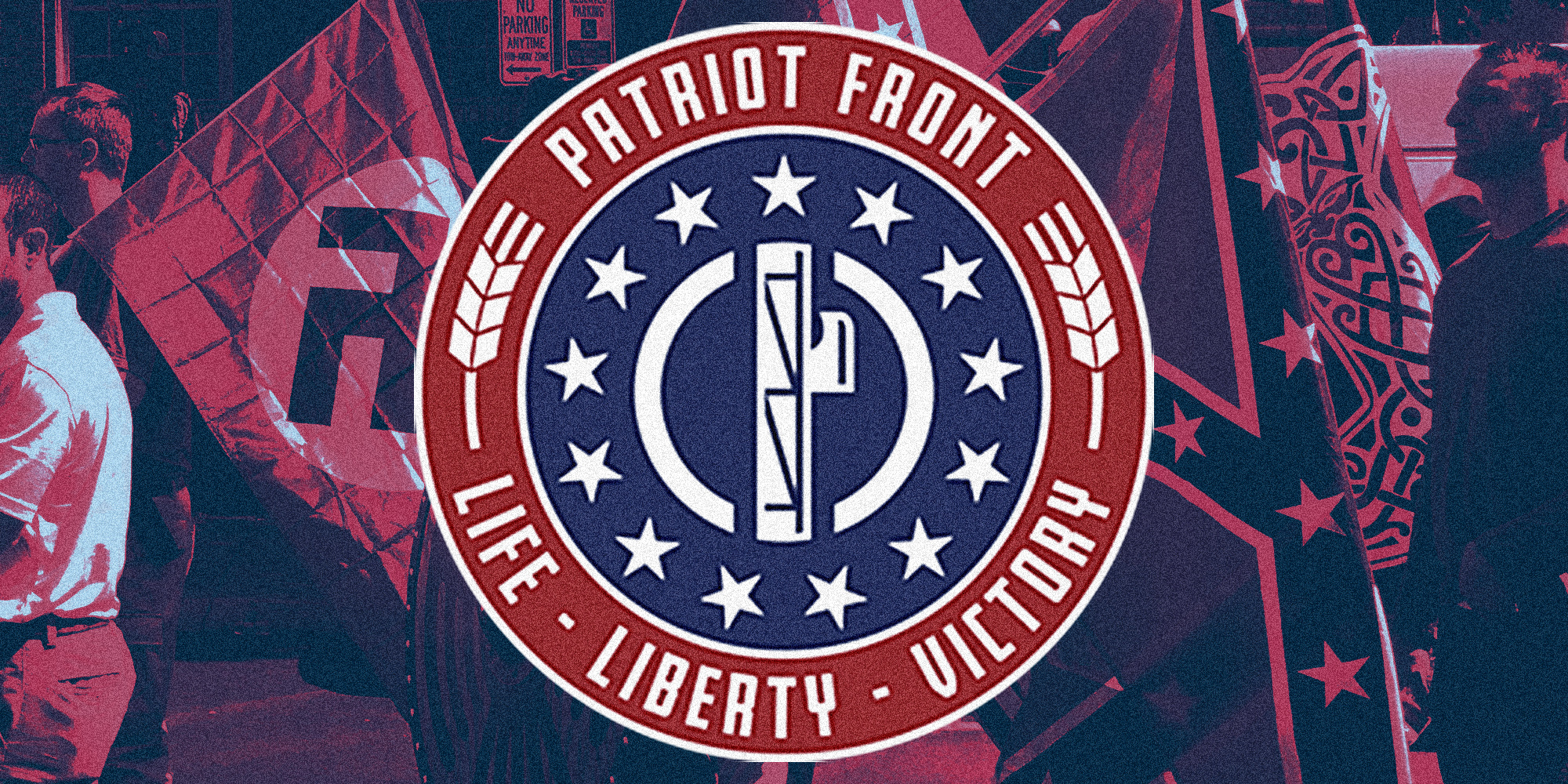 patriot front logo over background of people marching with nazi, confederate and gadsden flags