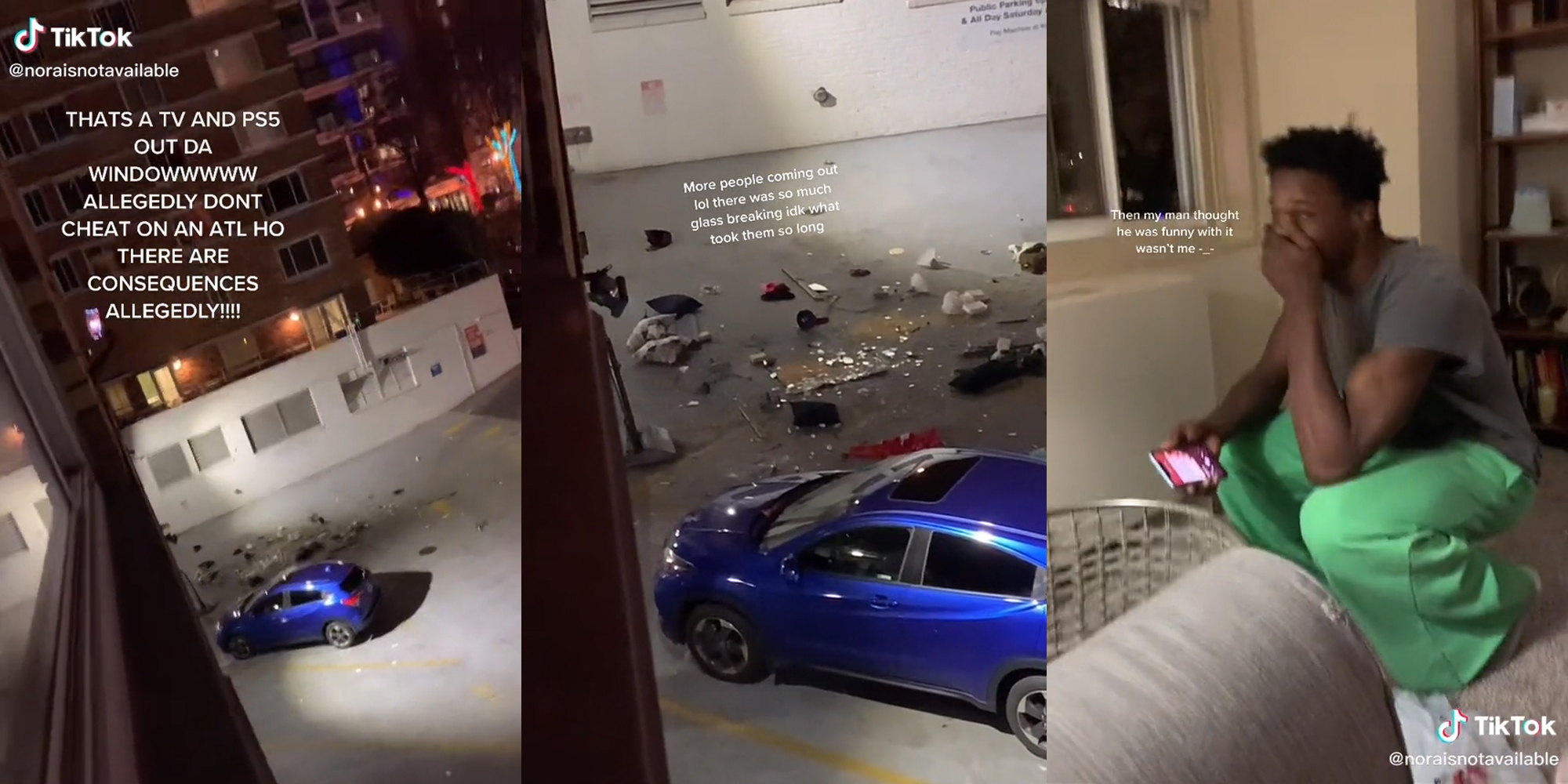 apartment parking lot with car and belongings with caption "that's a tv and ps5 out da windowwww allegedly don't cheat on an atl ho there are consequences allegedly!!"