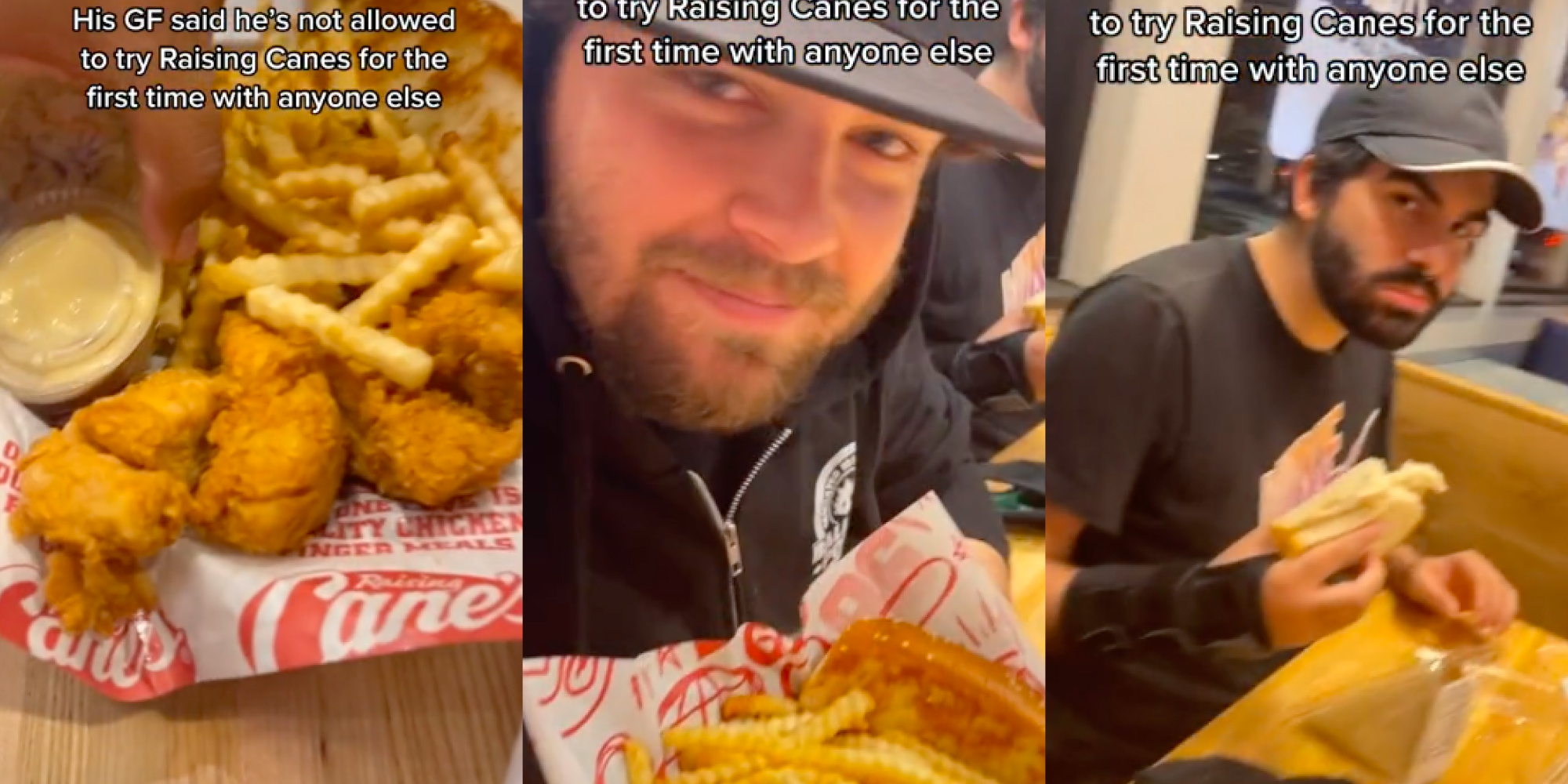 Man eating a deli sandwich at Raising Canes