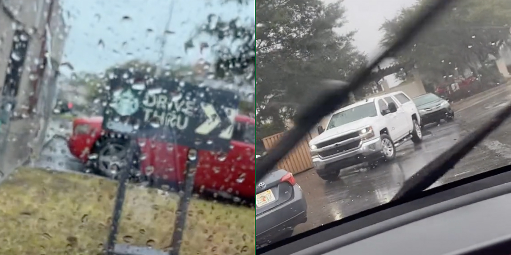 A Starbucks sign (L) and a line of cars (R).