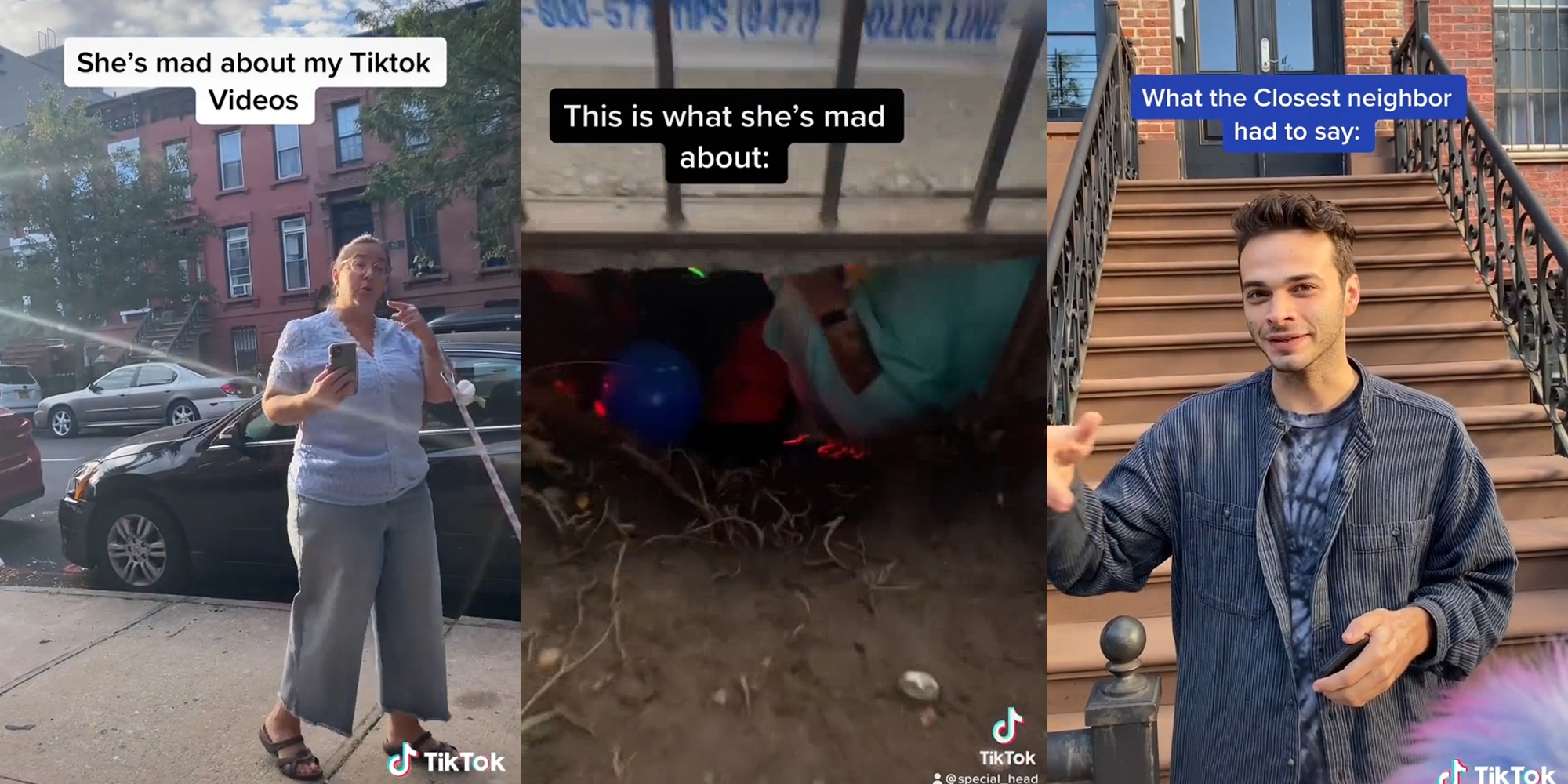 woman walking dog, holding phone and pointing with caption "she's mad about my Tiktok videos" (l) a hole in the ground with people dancing inside with balloons and strobe lights with caption "this is what she's mad about" (c) a man pointing with caption "what the closest neighbor had to say:" (r)