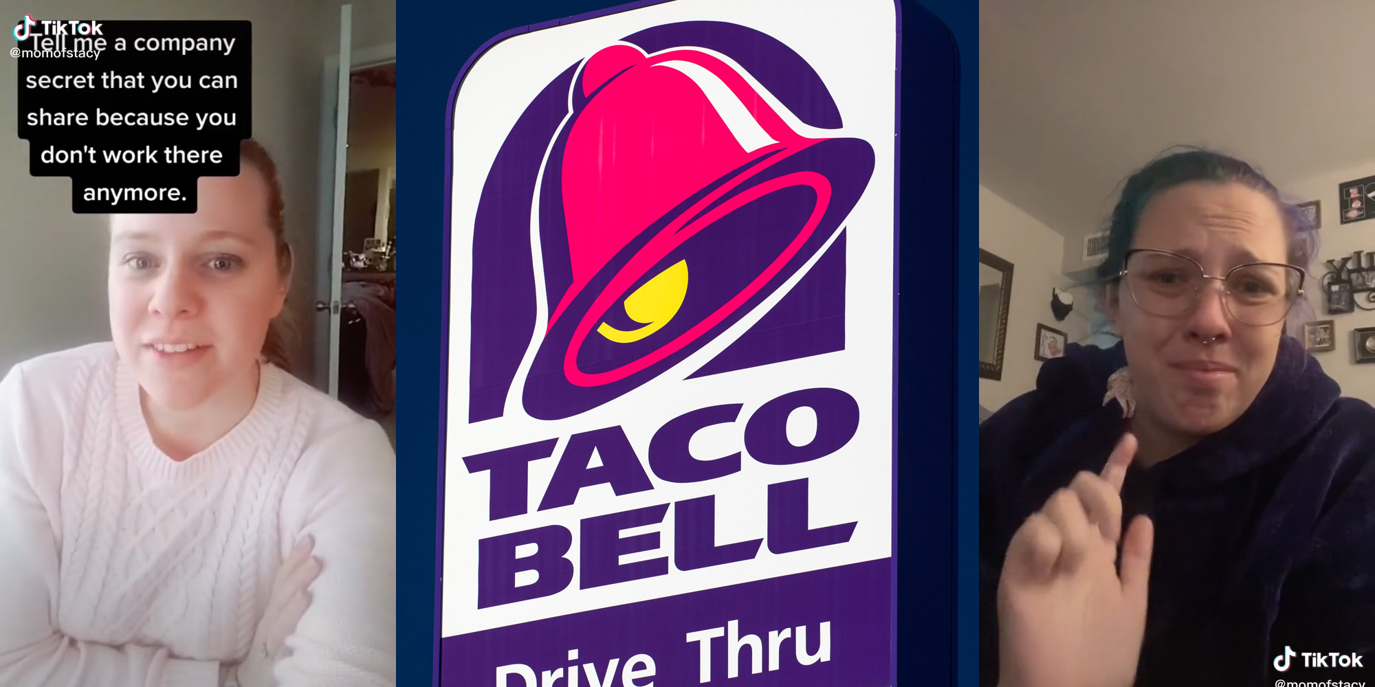 woman with arms crossed and caption "tell me a company secret that you can share because you don't work there anymore" (l) taco bell drive thru (c) woman with finger raised (r)