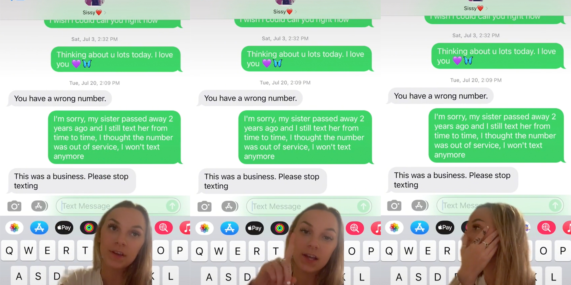TikToker texts deceased sister until a business with same number replies.