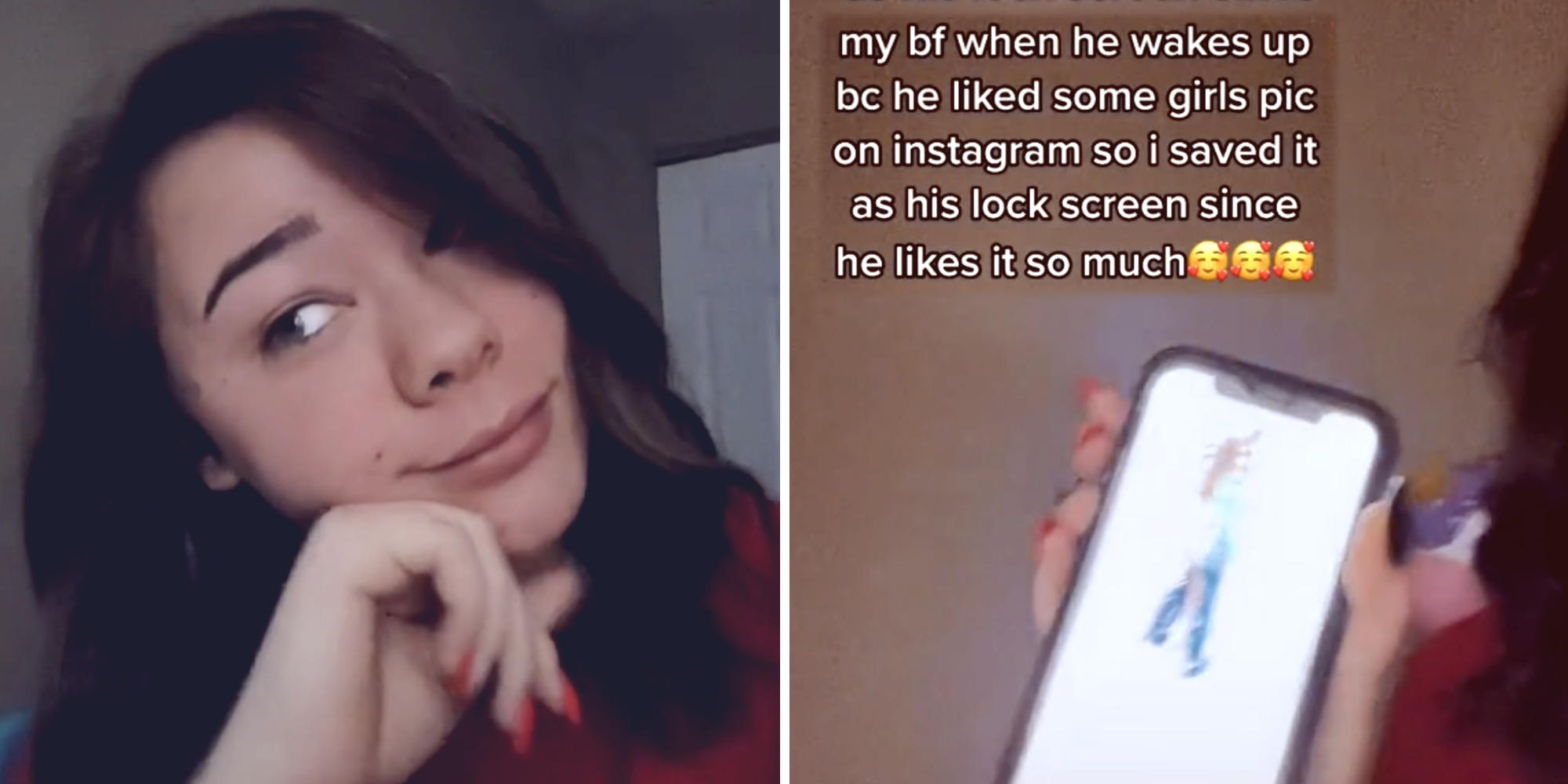 woman looking suspicious (l) woman holding up boyfriend's phone ®