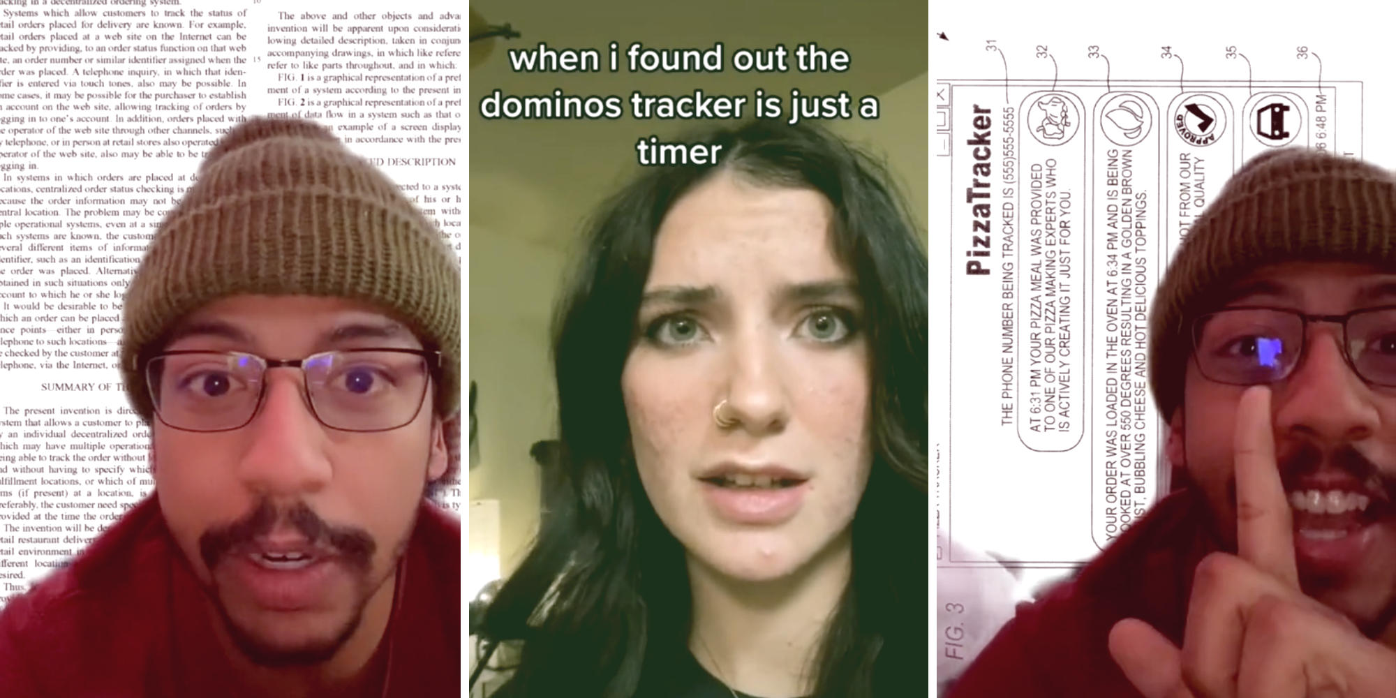 man looking shocked (l) woman looking confused (m) man looking like he just had an idea (r)