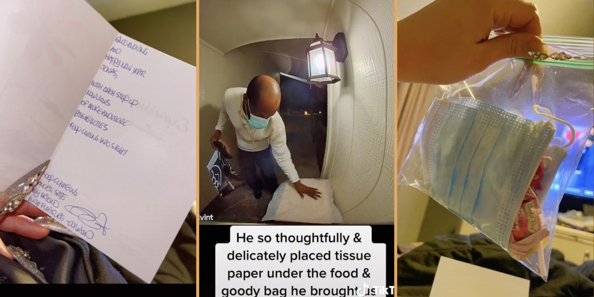 Card, Uber Eats driver, bag of masks and candy.