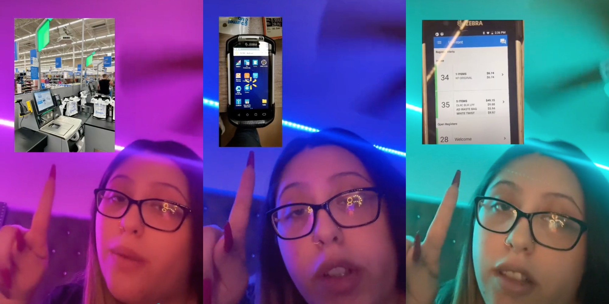 Woman discussing Walmart self-checkout.