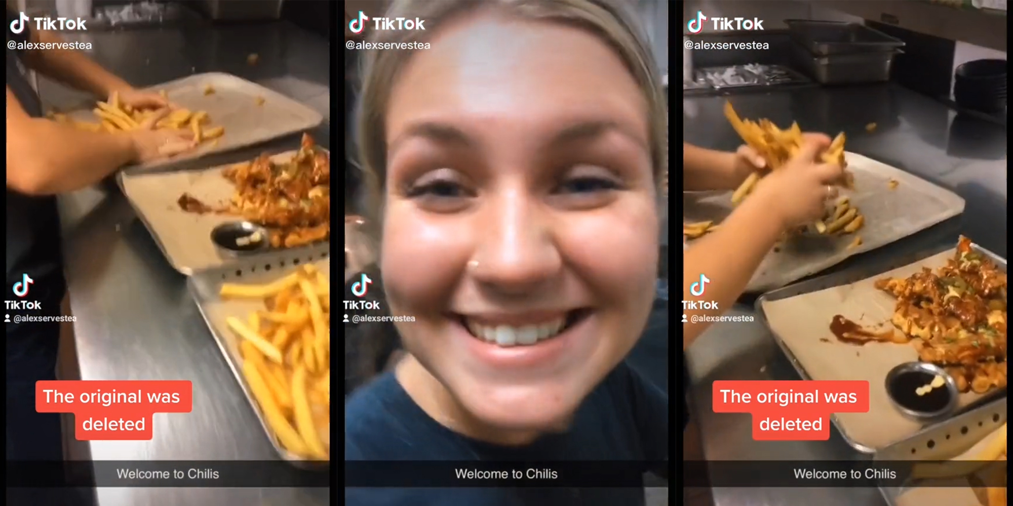 woman grabbing french fries (l) woman smiling (c) woman moving french fries from one plate to another (r) all with caption "Welcome to Chilis"