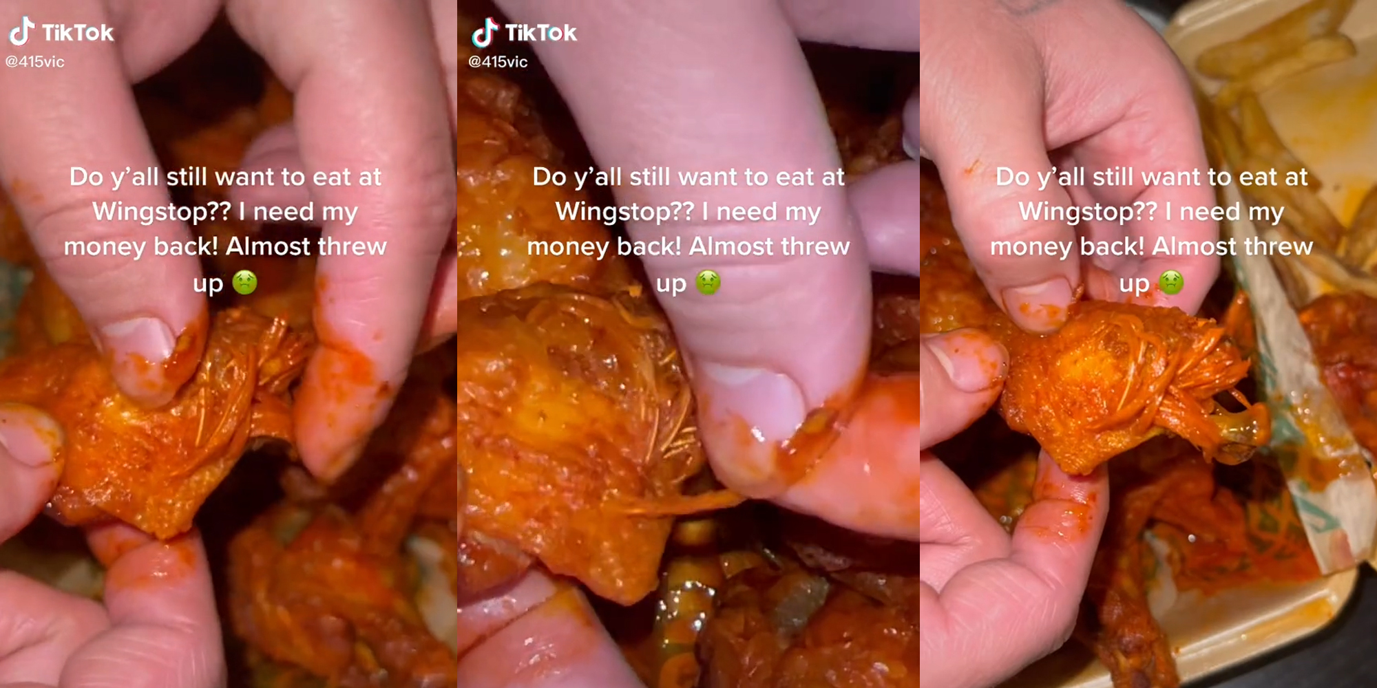 person pulling on feathers in fried chicken wing with caption "Do y'all still want to eat at Wingstop?? I need my money back! Almost threw up"