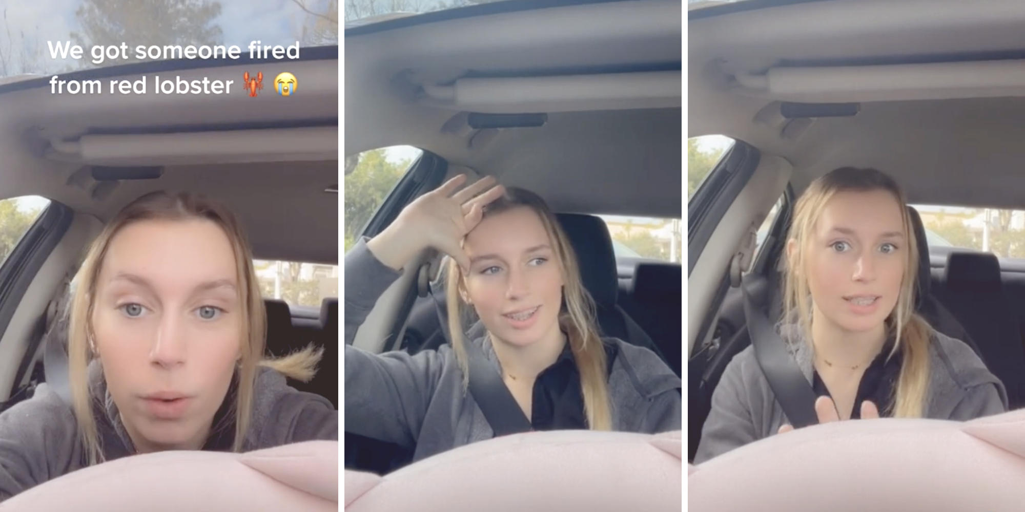 three photos of a woman sitting in a car and explaining a funny story