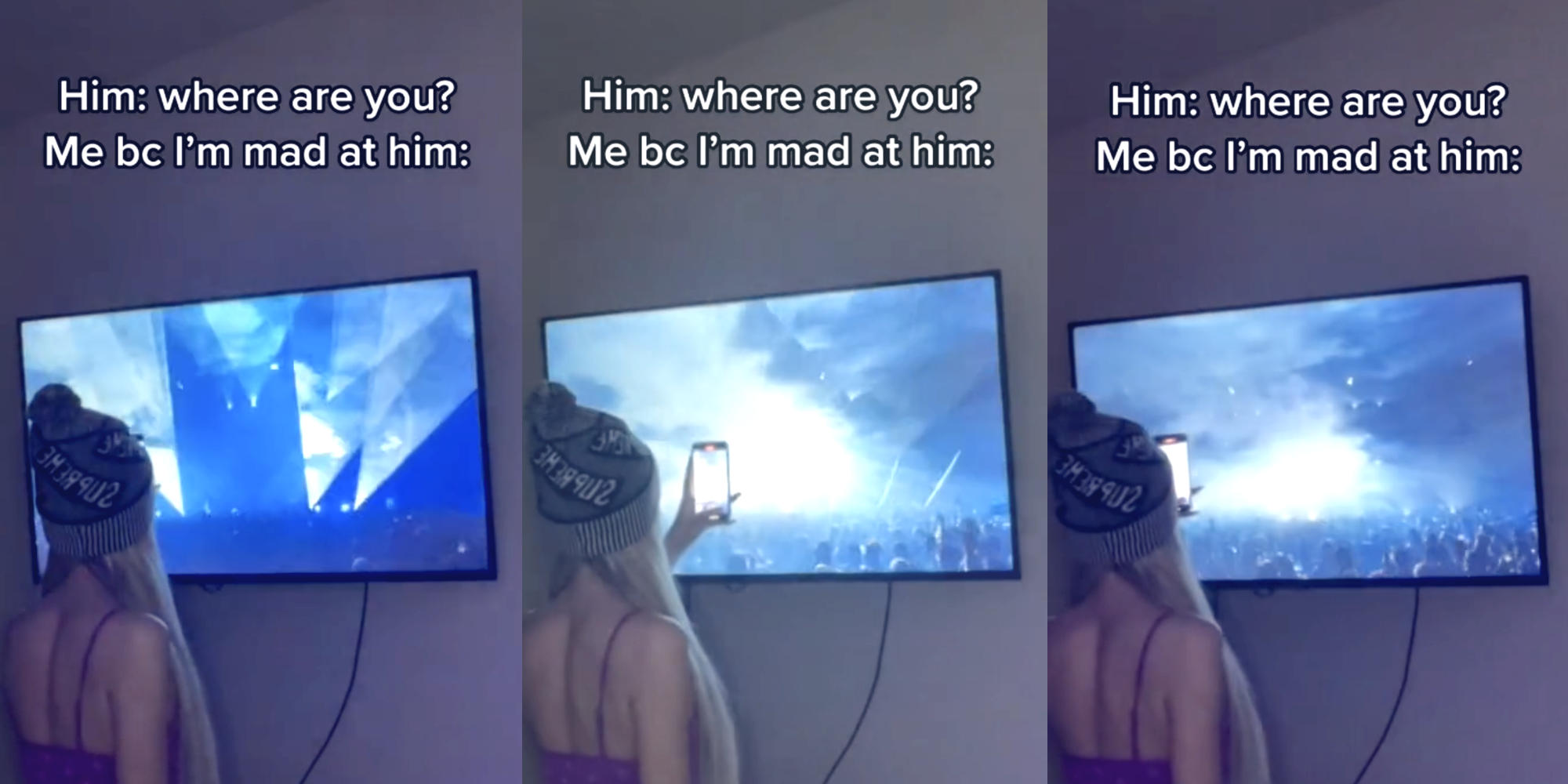 three photos of a woman holding her phone at a TV