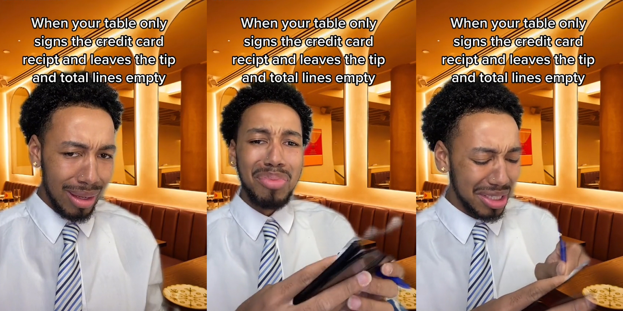 man writing on receipt with caption "when your table only signs the credit card recipt and leaves the tip and total lines empty"