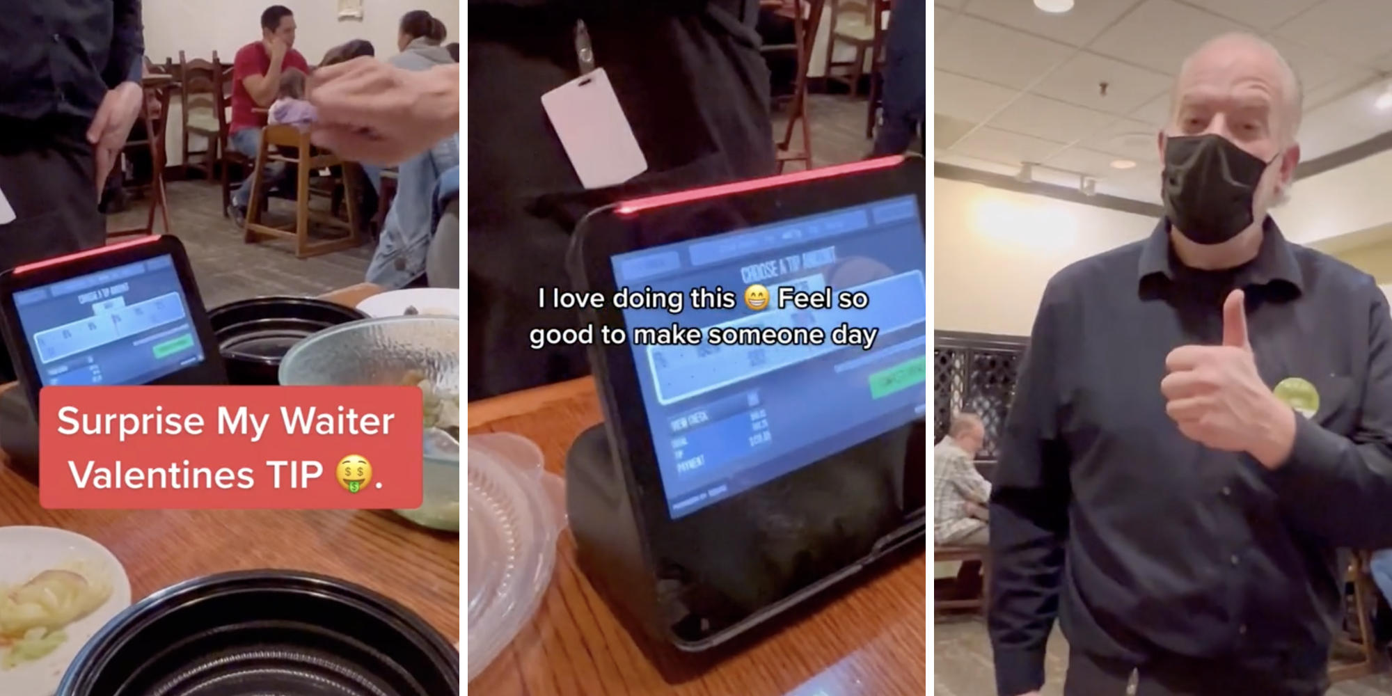 restaurant order tablet (l) showing digital tip (m) waiter looking happy and giving a thumbs up (r)