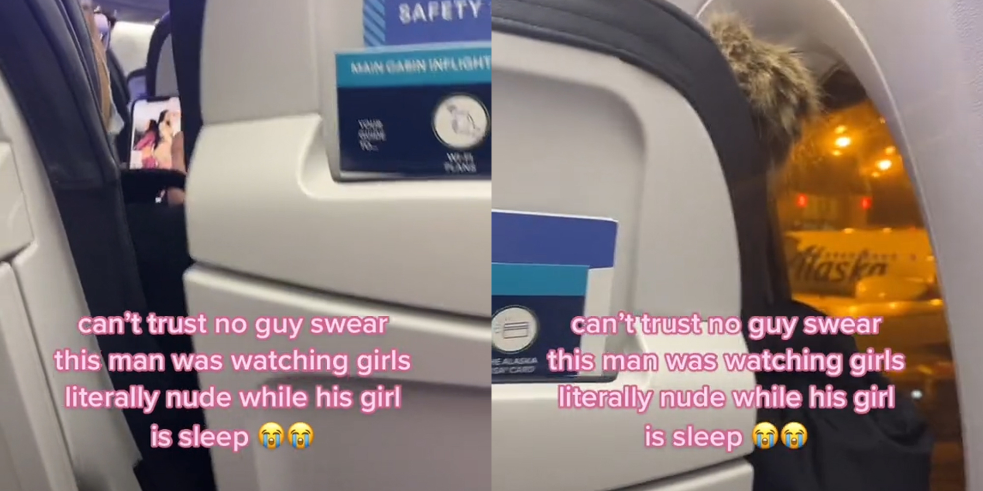 man in airplane seat looking at women on phone (l) woman's head leaning on seat (r) both with caption "can't trust no guy swear this man was watching girls literally nude while his girl is sleep"