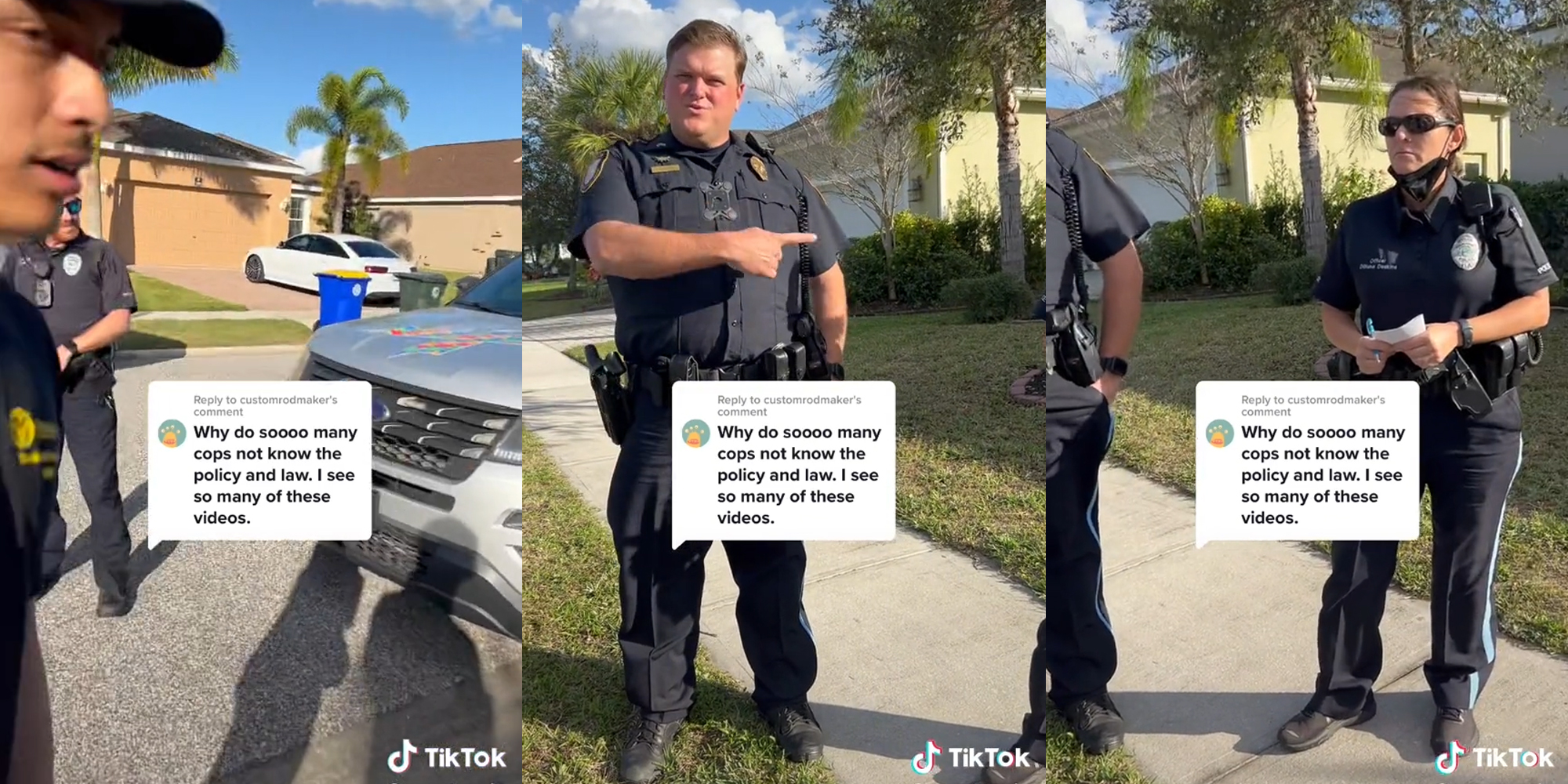 young man standing in front of car with police officer (l) officer pointing to his left (c) officer standing on sidewalk (r) all with caption "why do soooo many cops not know the police and law. I see so many of these videos."