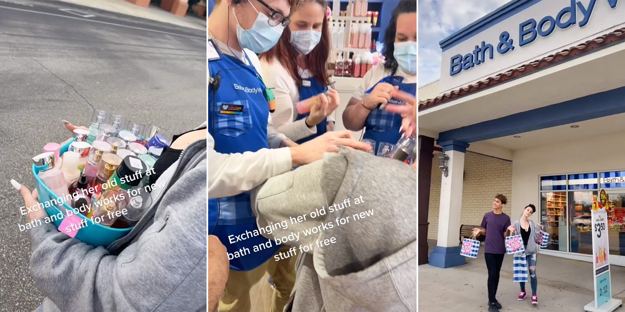A basket of cosmetics (L), Bath & Body Works employees (C), and two people in front of a Bath a& Body Works (R).