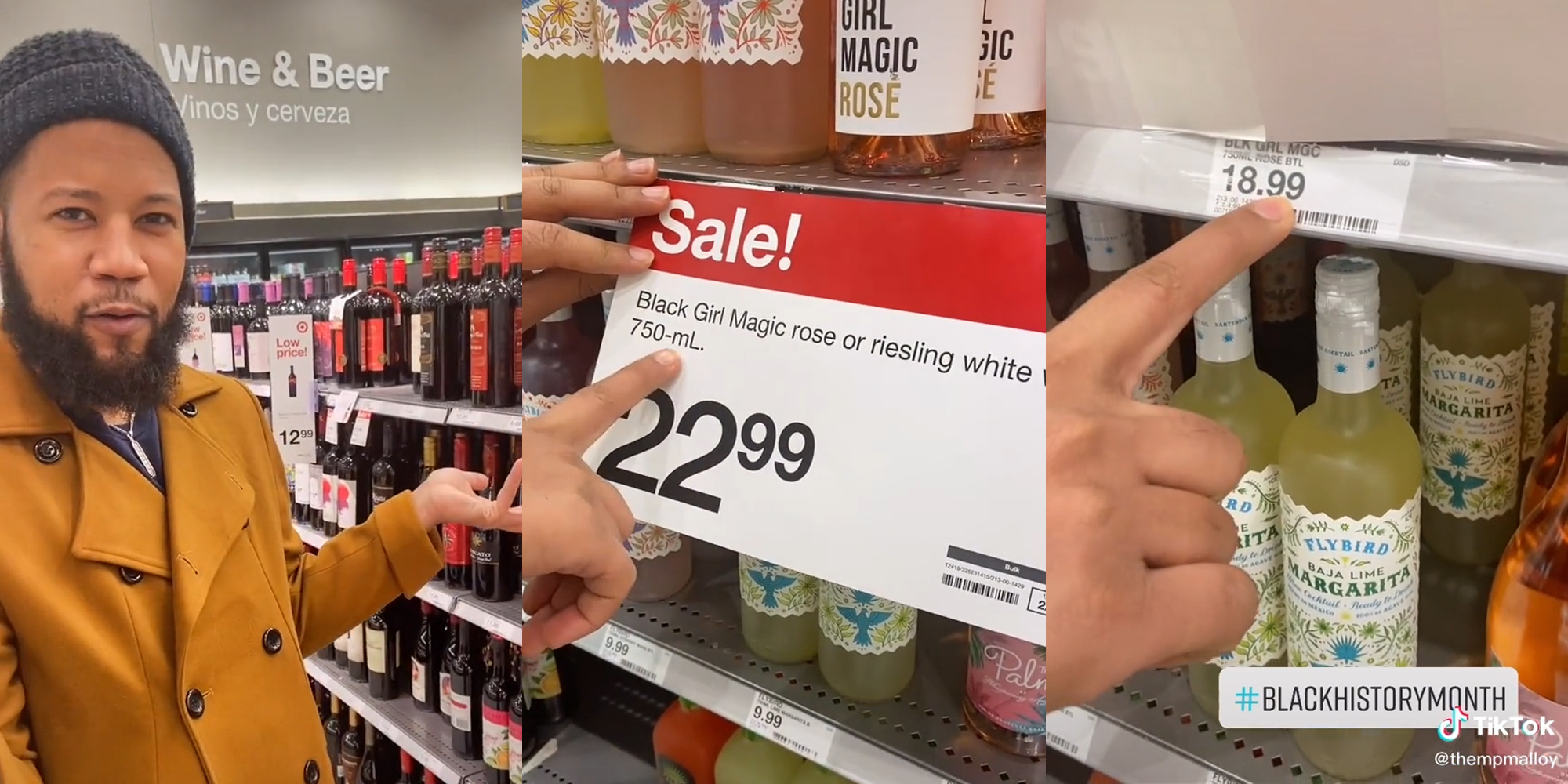 man pointing out that the "sale" price on Black Girl Magic wine is 22.99, while the regular price is lower at 18.99