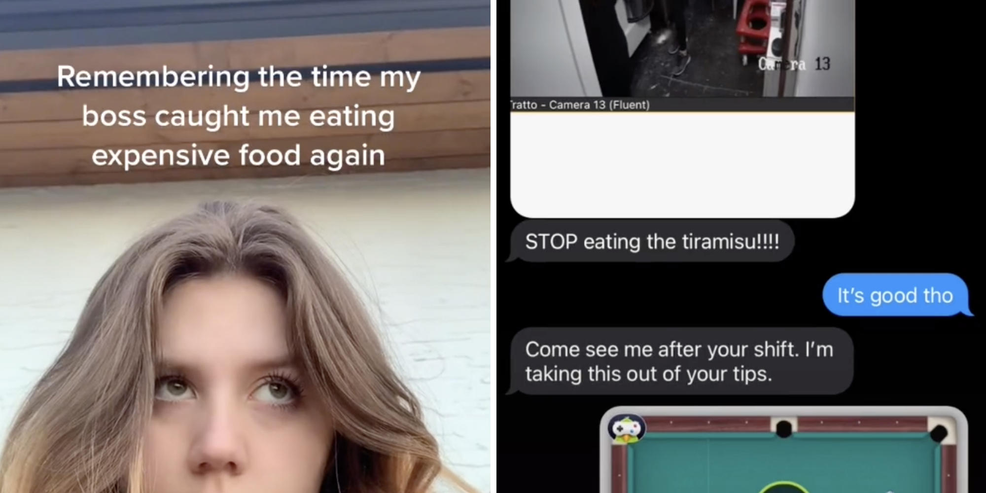 woman looking up (l) phone text conversation (r)