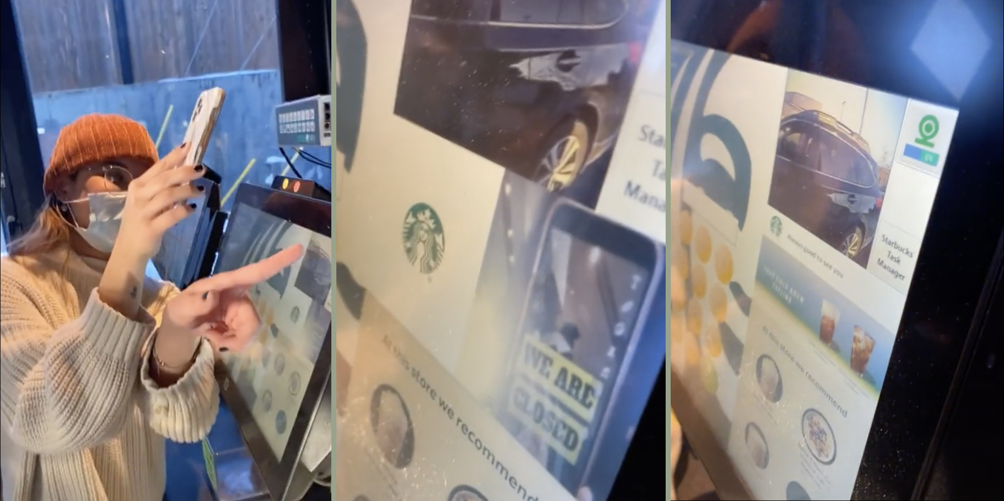 Starbucks worker (L), "We are closed" sign (M), Car in starbucks drive-thru (R)