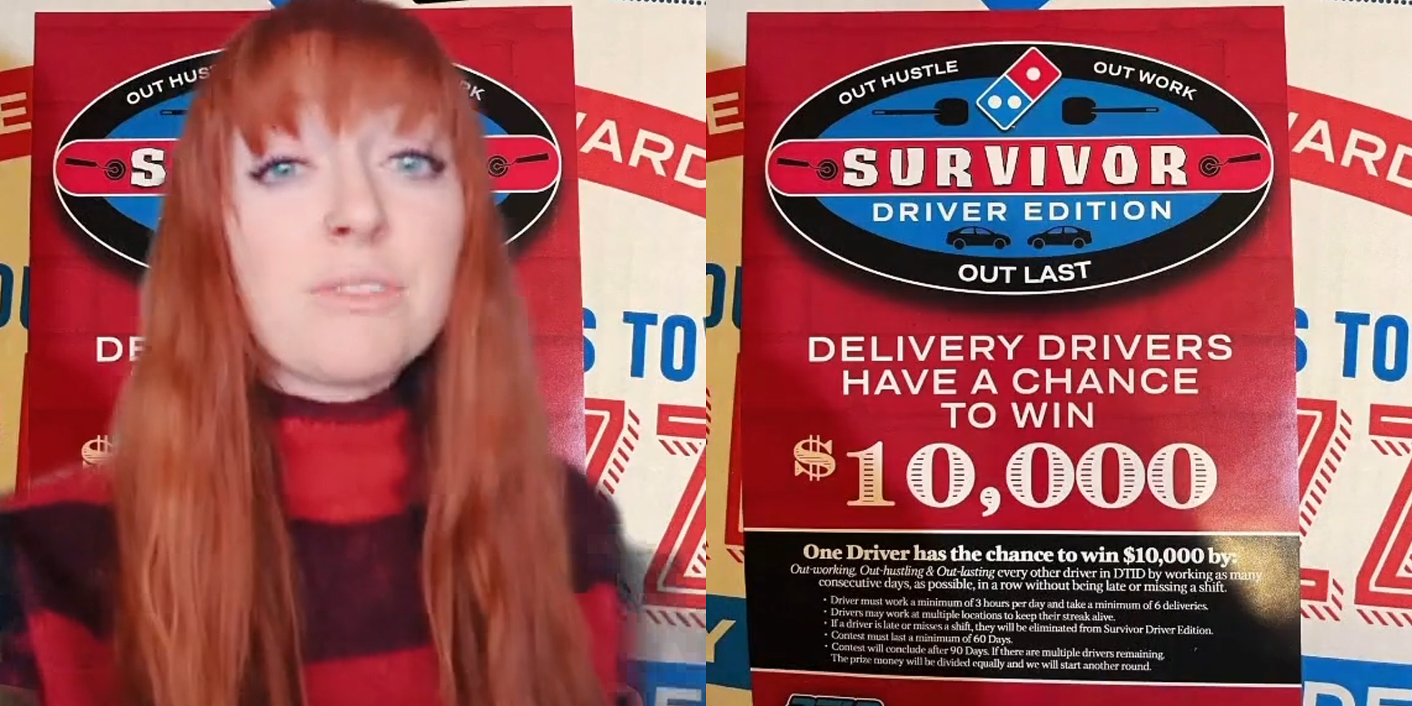 young woman in sweater (l) domino's pizza "survivor" driver edition - delivery drivers have a chance to win $10,000