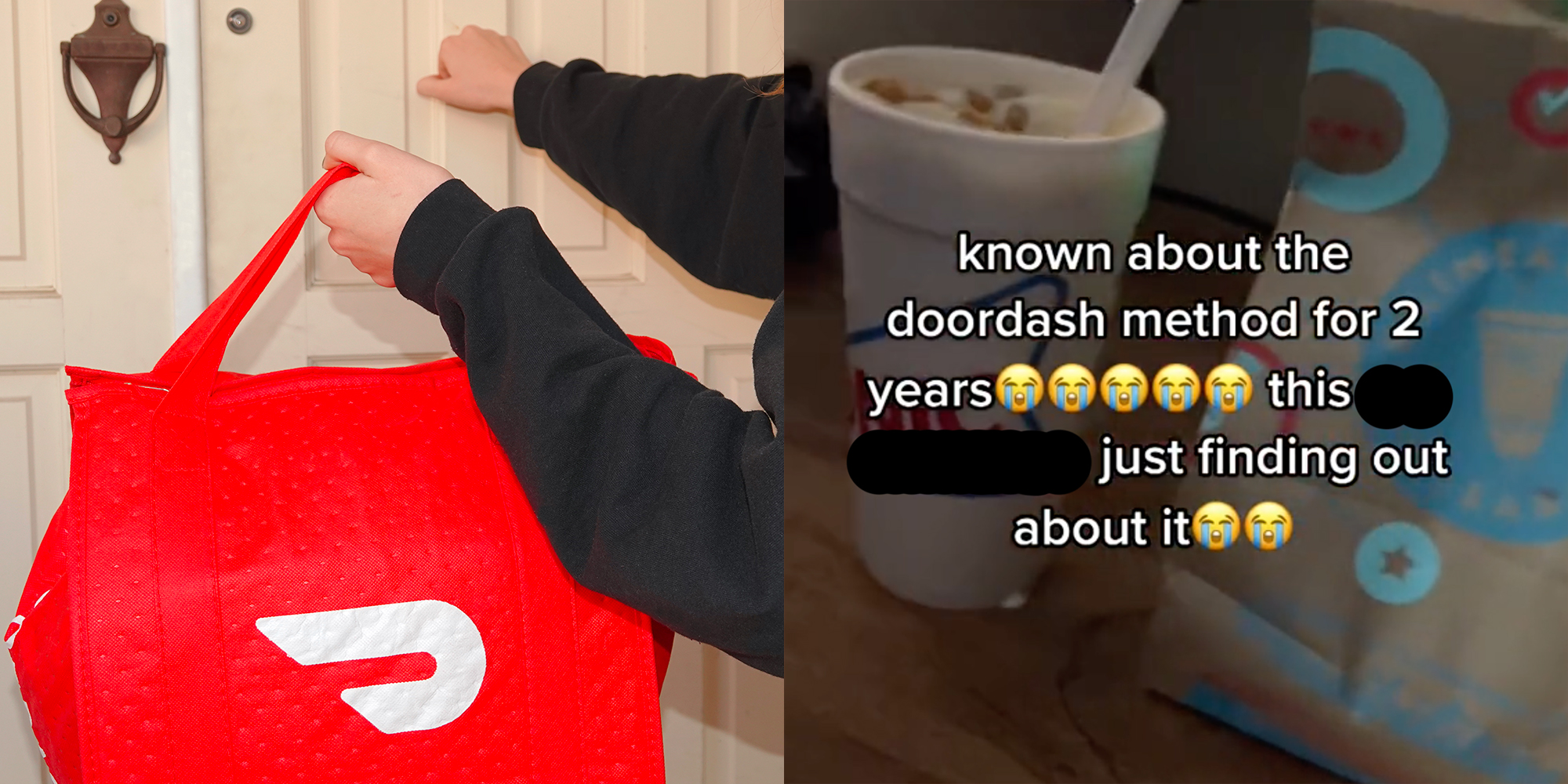 A door dash bag (L) and food (R).