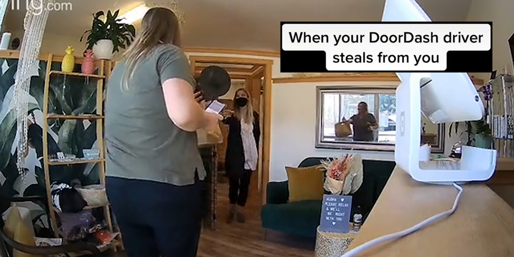 woman delivering food with caption "when your doordash driver steals from you"