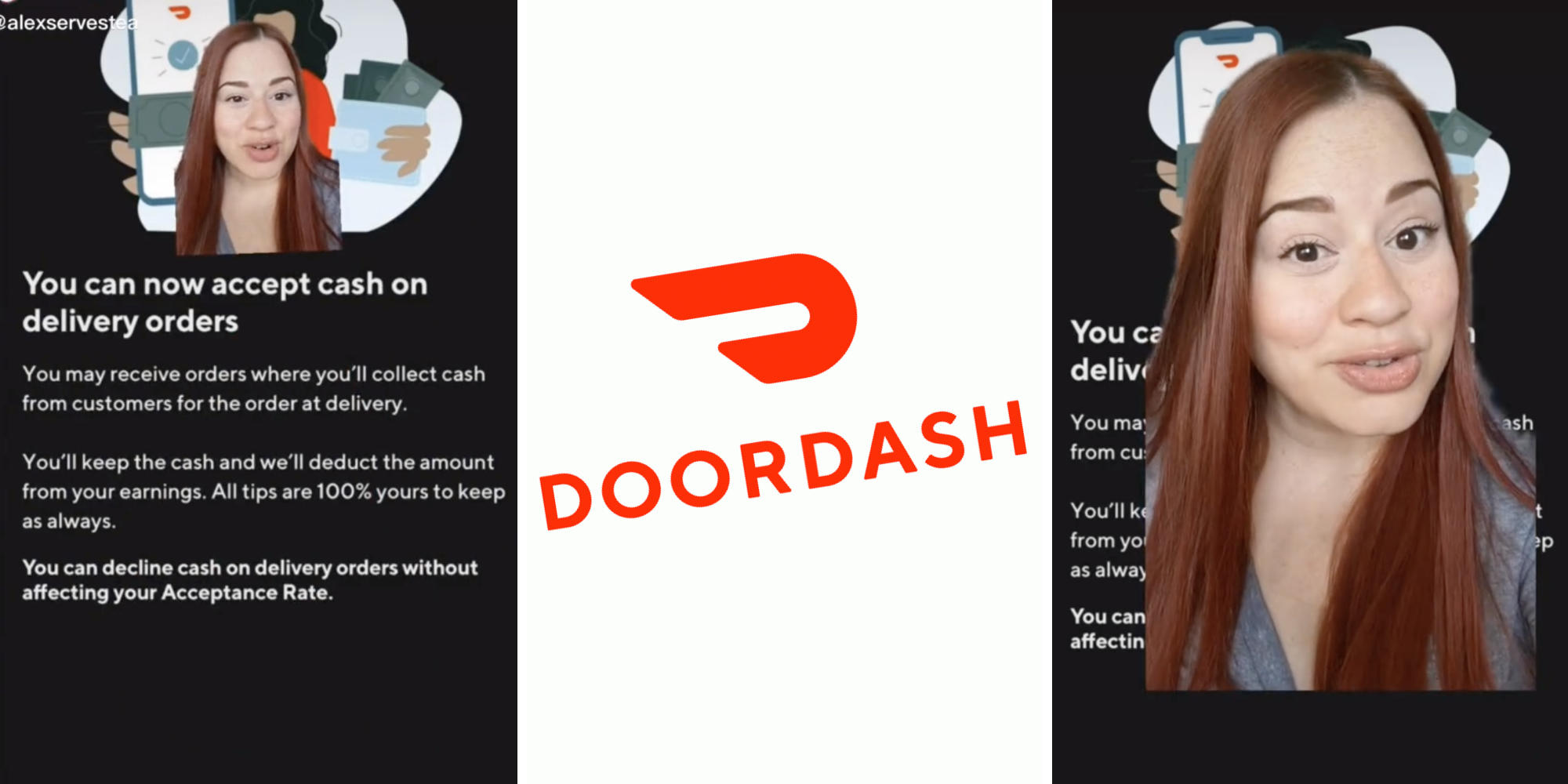 woman explaining doordash new policy (l) (r) doordash logo (m)