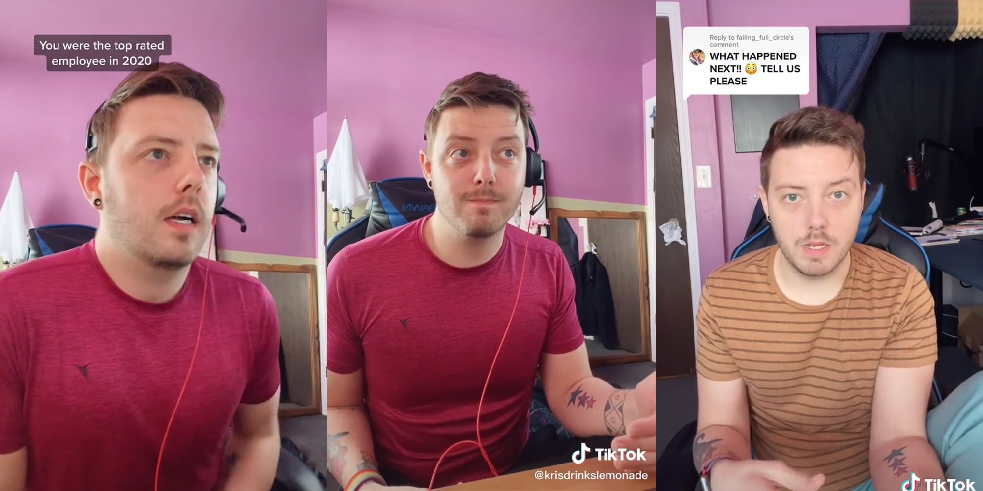 man at desk wearing headset (l & c) with caption "you were the top rated employee in 2020" man in chair with caption "what happened next tell us please" (r)