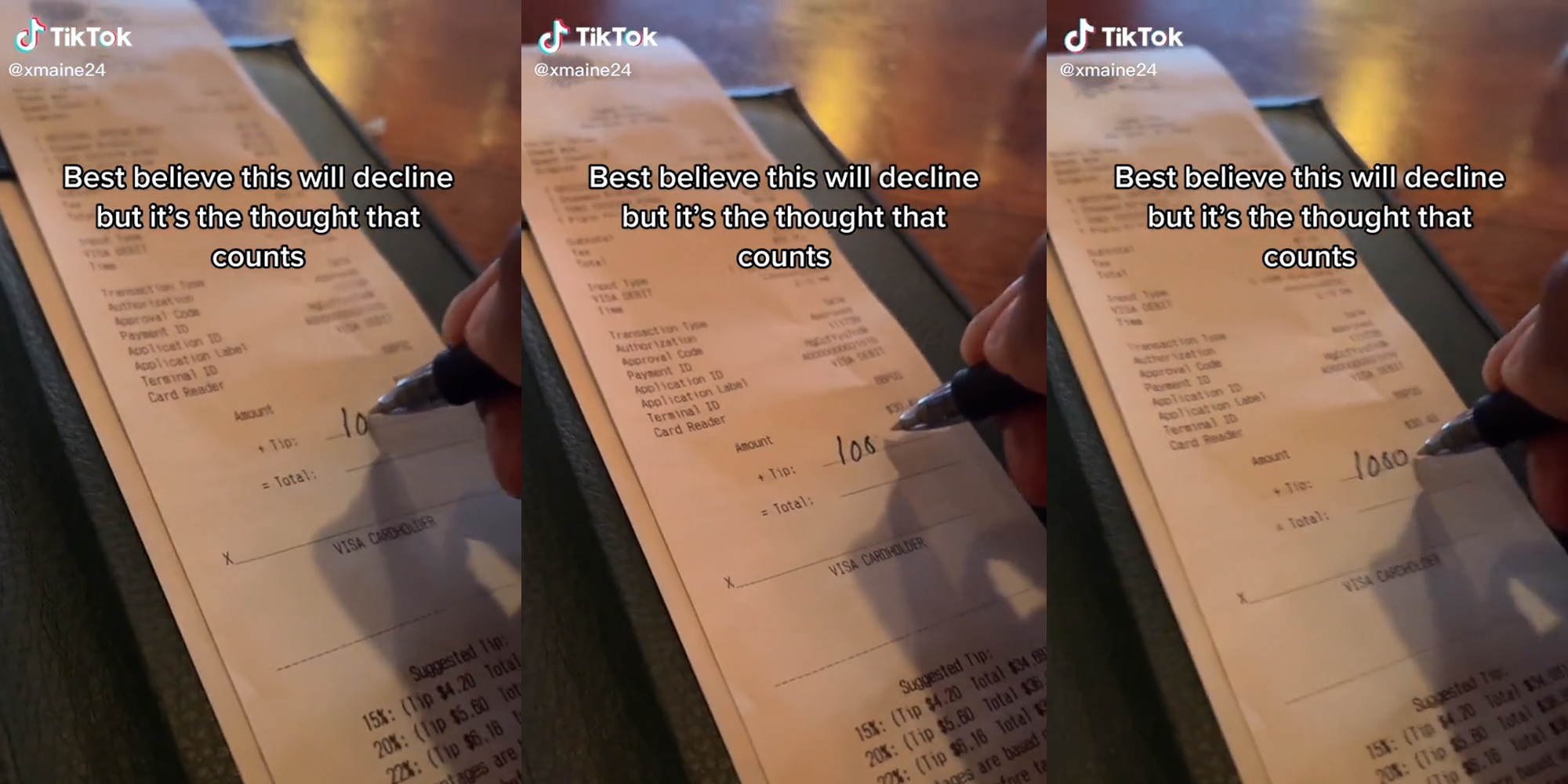 person writing $1000 on a tip with caption "best believe this will decline but it's the thought that counts"