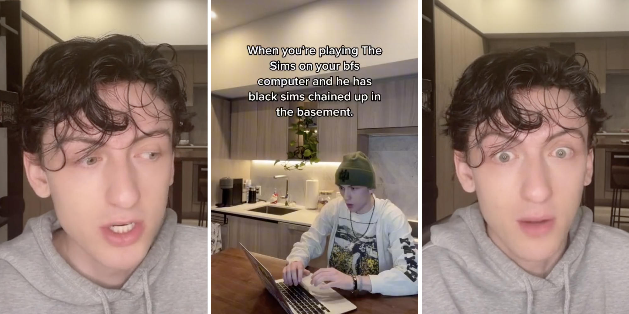 man looking shocked at the camera (l) (r) man browsing a computer and reacting (m)