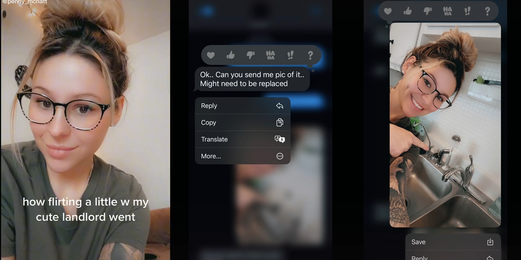 young woman with caption "how flirting a little w my cute landlord went" (l) text message that reads "ok... can you send me a pic of it.. might need to be replaced" (c) selfie with faucet (r)