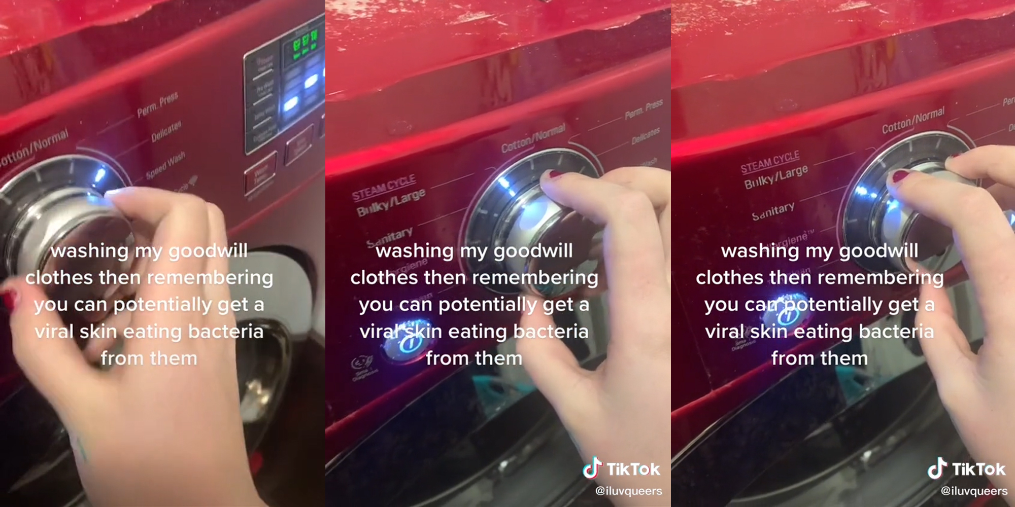 woman turning washing machine knob with caption "washing my goodwill clothes then remembering you can potentially get a viral skin eating bacteria from them"