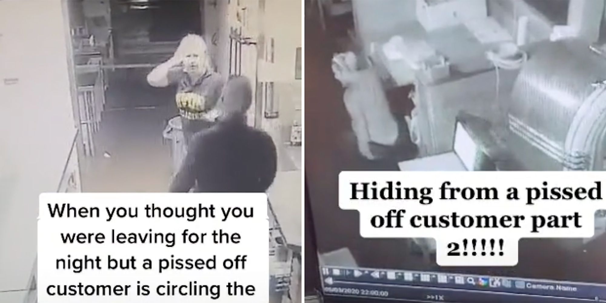 Security footage of woman hiding in a restaurant.