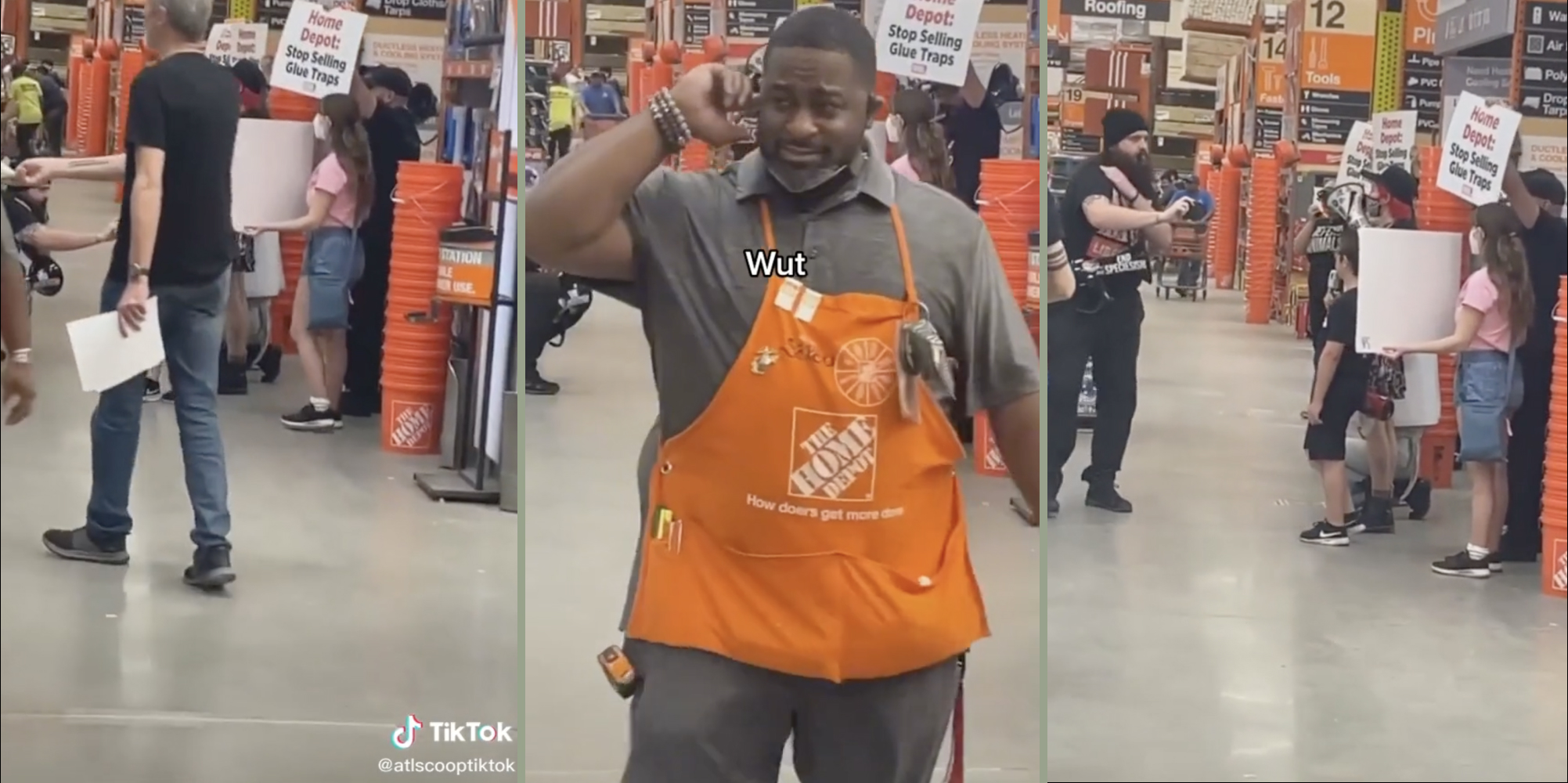 Protesters at Home Depot (L,R) Home Depot employee (M)