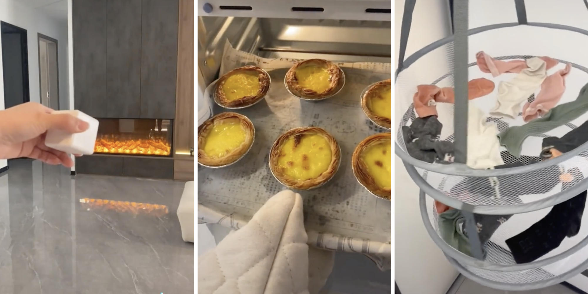 woman turning on fire with device (l) woman baking tarts (m) socks hanging out to dry on a carousel (r)