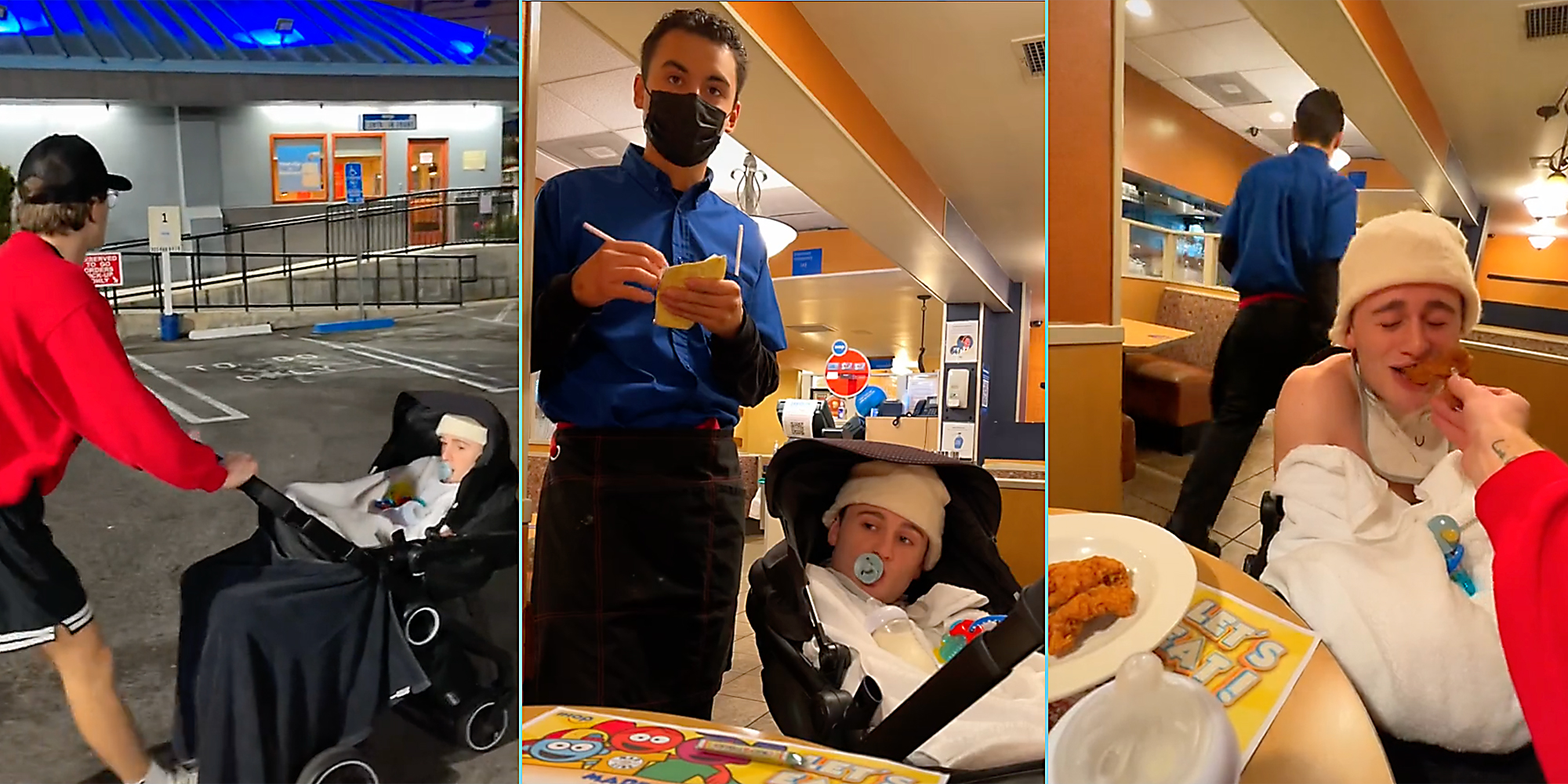 A stroller with person (L), a waiter taking an order (C), and a person being fed chicken (R).