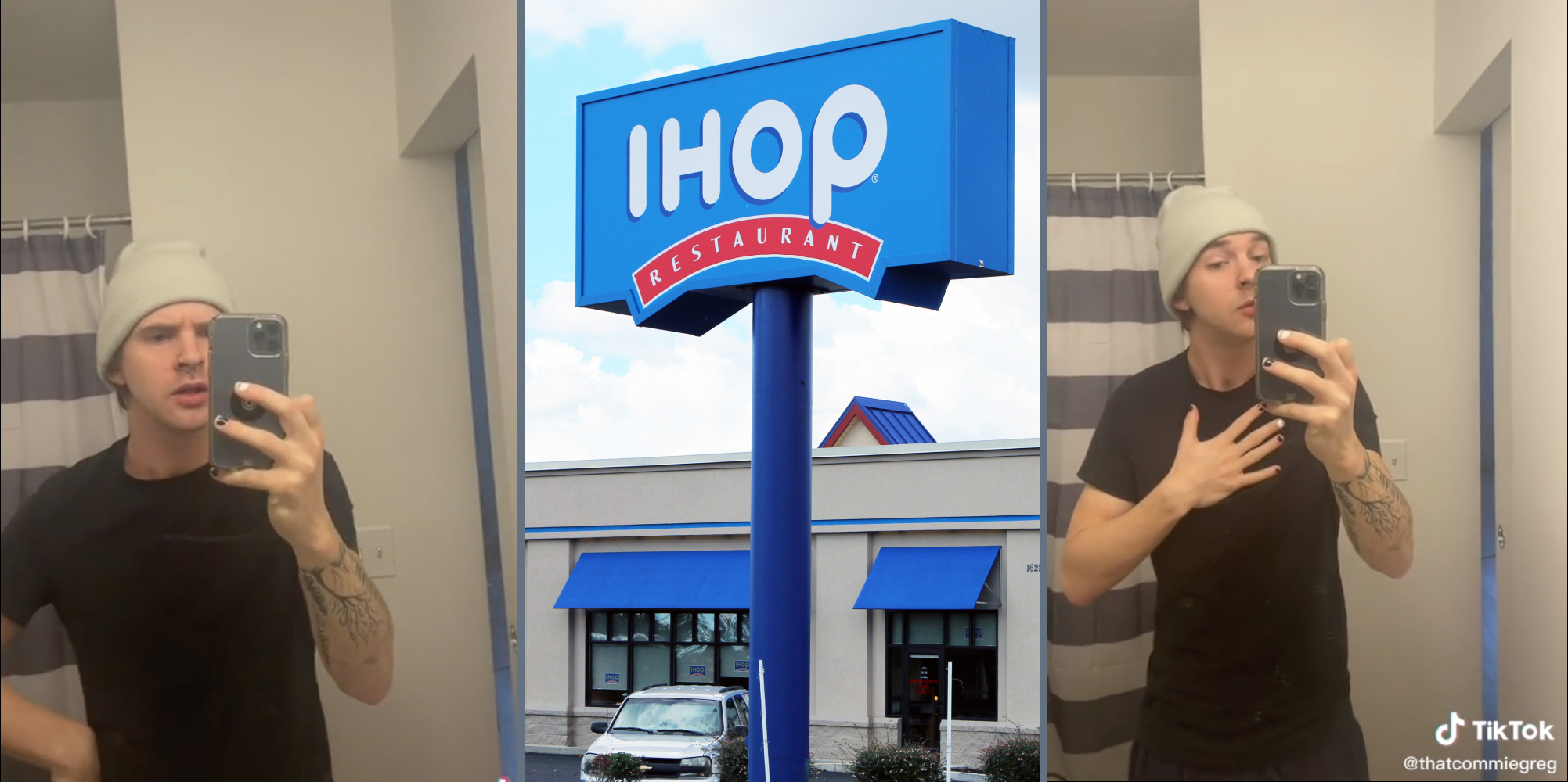 Person speaking facing mirror, IHOP