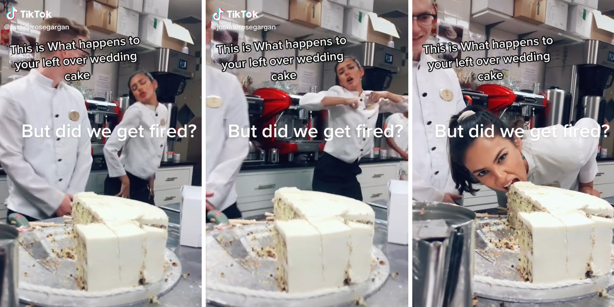servers dance and eat wedding cake with captions "this is what happens to your left over wedding cake" and "but did we get fired?"