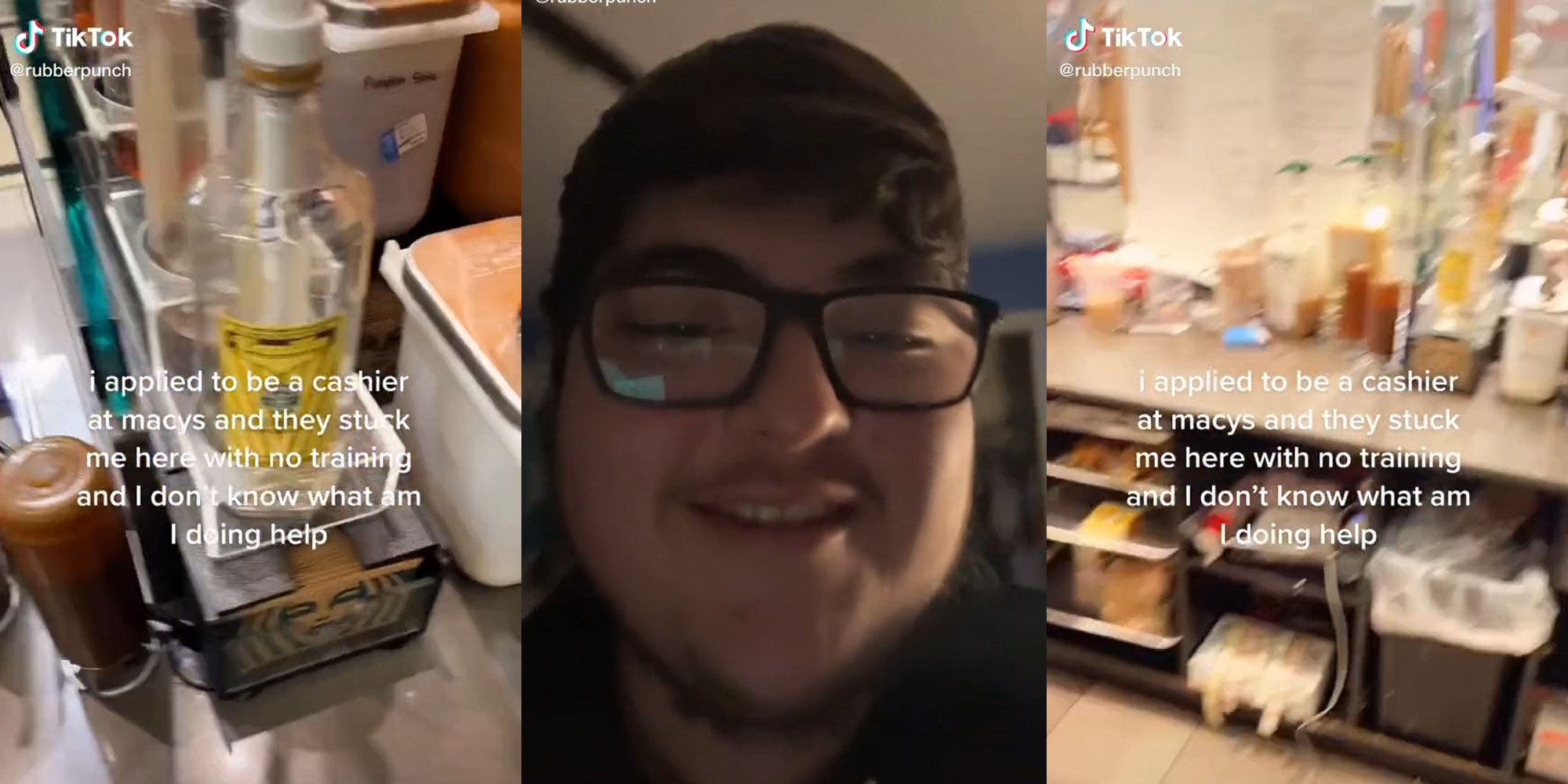 starbucks branding on cup holders with syrups and caption "i applied to be a cashier at macys and they stuck me here with no training and i don't know what am i doing help" (l & r) young man in glasses (c)