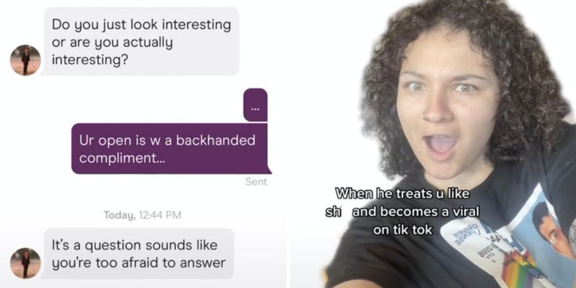 phone text conversation (l) woman reacting in shock (r)