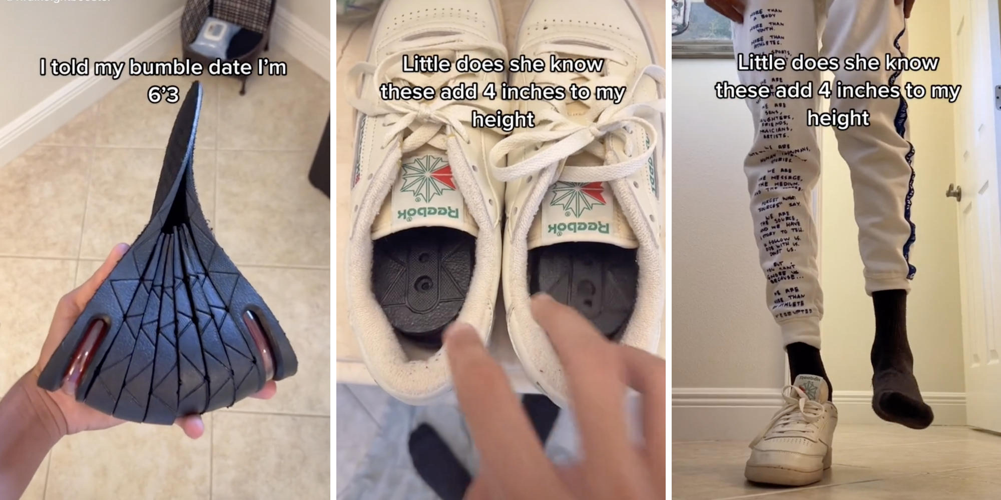 man holding shoe inserts (l) man putting the inserts in shoes (m) man wearing shoes (r)