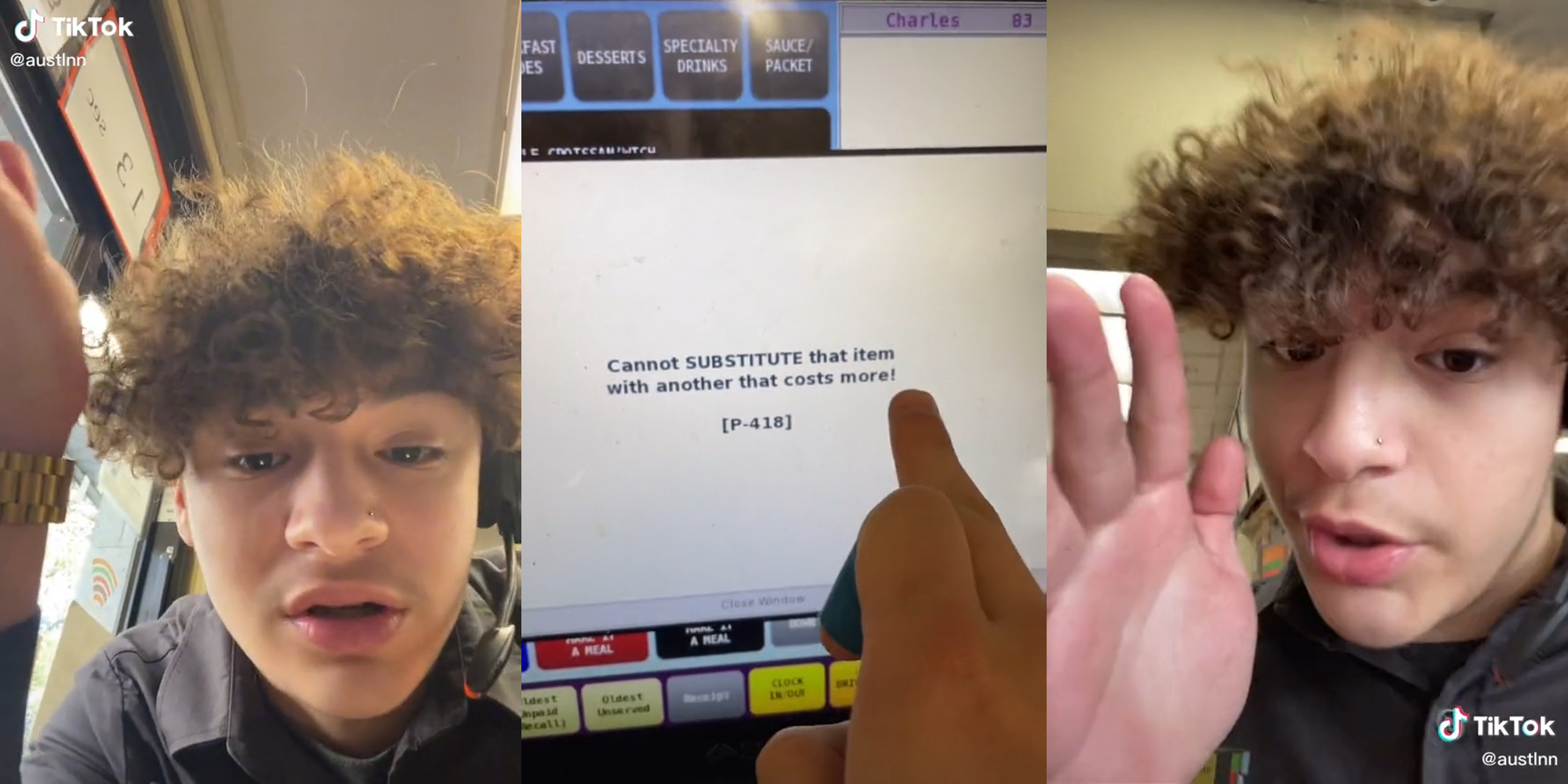 young man working in McDonald's (l & r) finger touching screen that reads "cannot substitute that item with another that costs more!" (c)