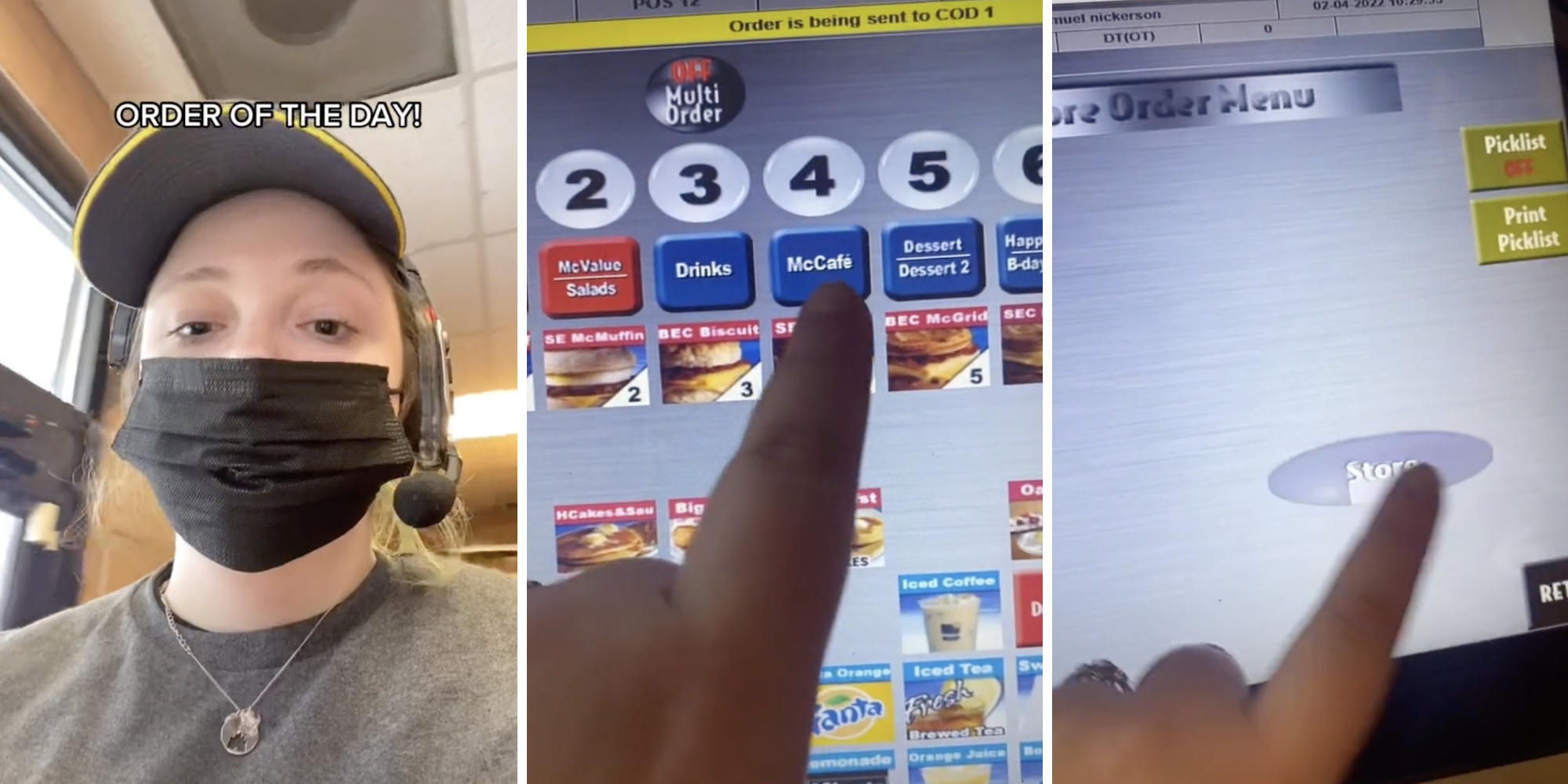mcdonalds worker (l) finger pressing on-screen buttons (m) finger pressing the Store on-screen button (r)