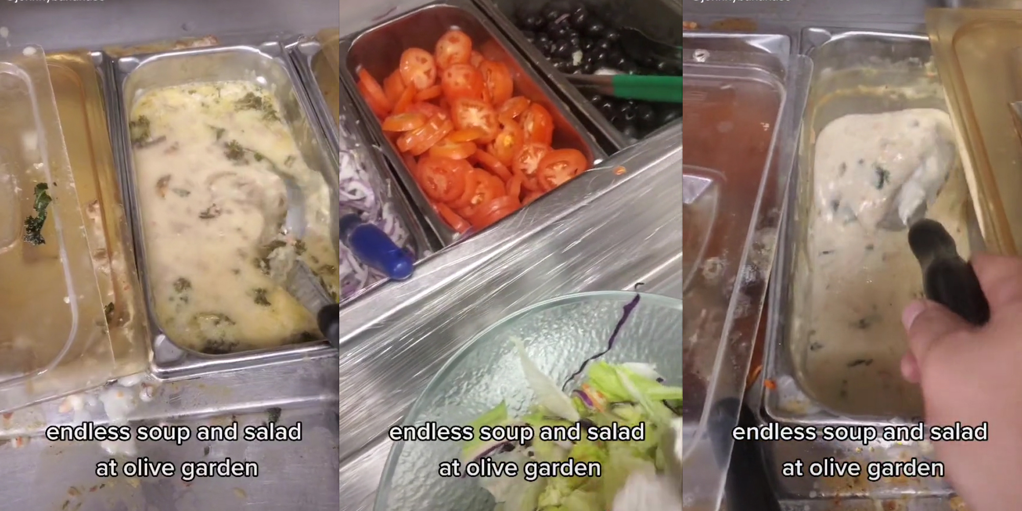 olive garden back line with caption "endless soup and salad at olive garden"