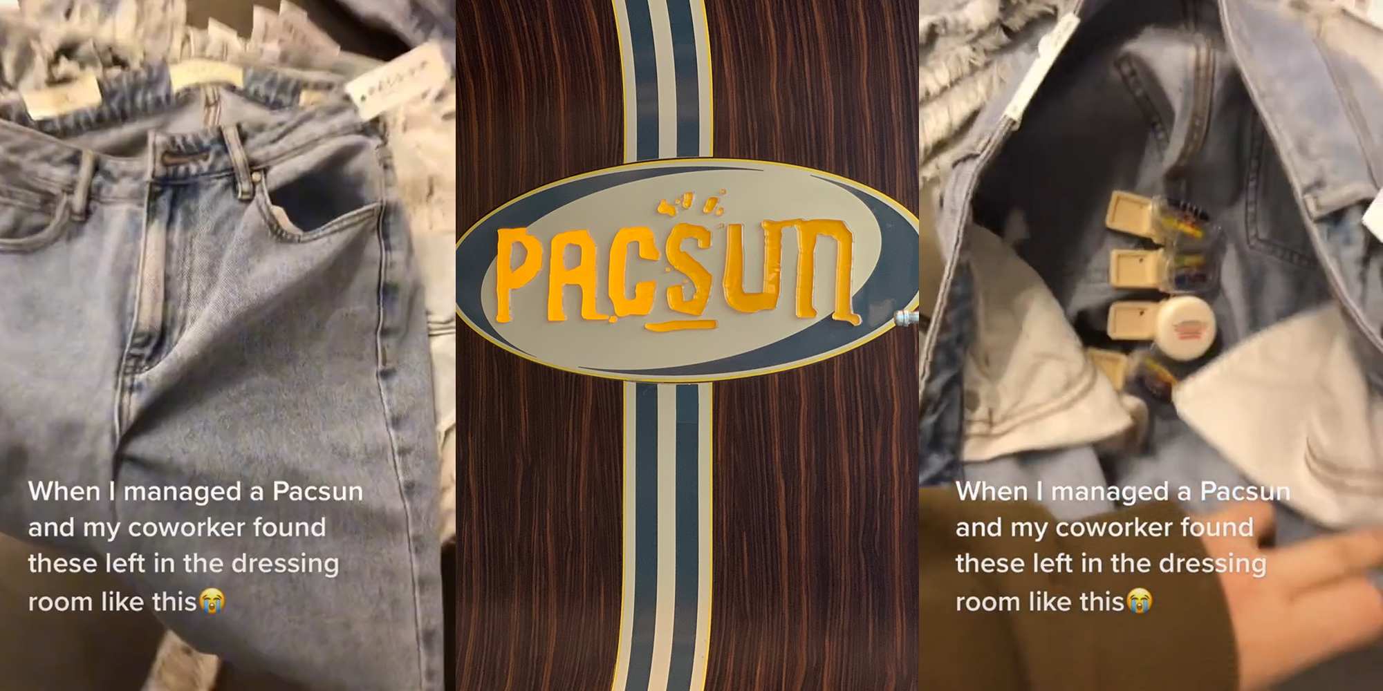 jeans (l) pacsun logo (c) hand opening jeans to reveal several security tags (r) with caption "when i managed a pacsun and my coworker found these left in the dressing room like this"