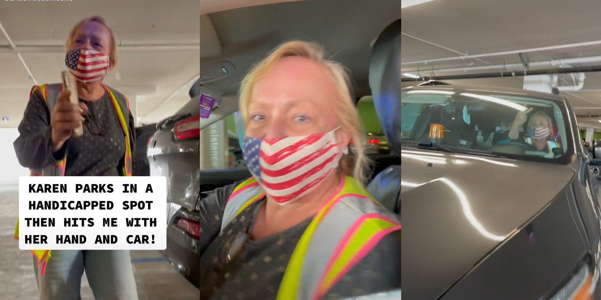 woman in parking garage with caption "karen parks in a handicapped spot then hits me with her hand and car!"